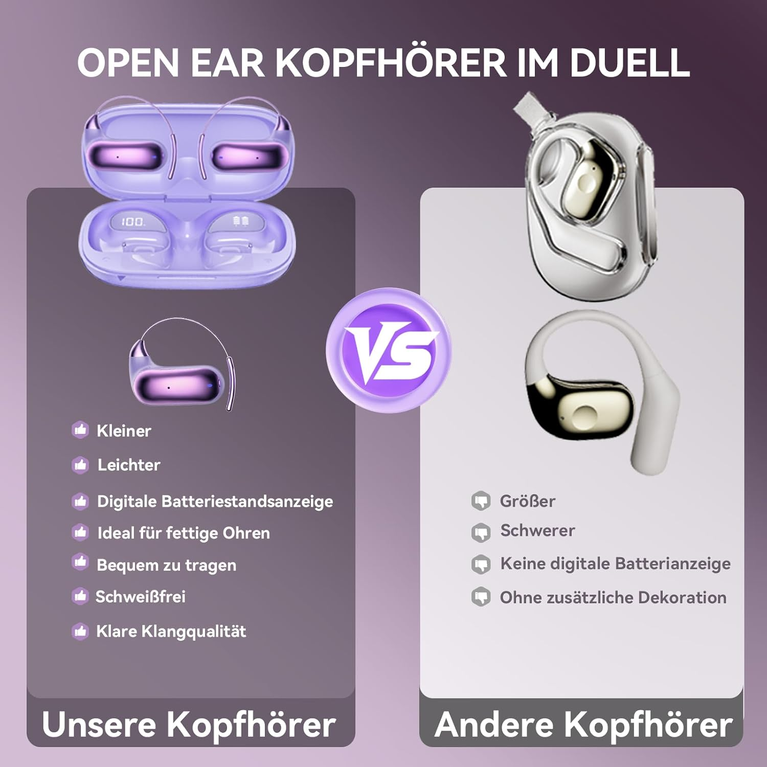 Vergleich von Open-Ear-Kopfhörern mit Vor- und Nachteilen auf violettem Hintergrund.
