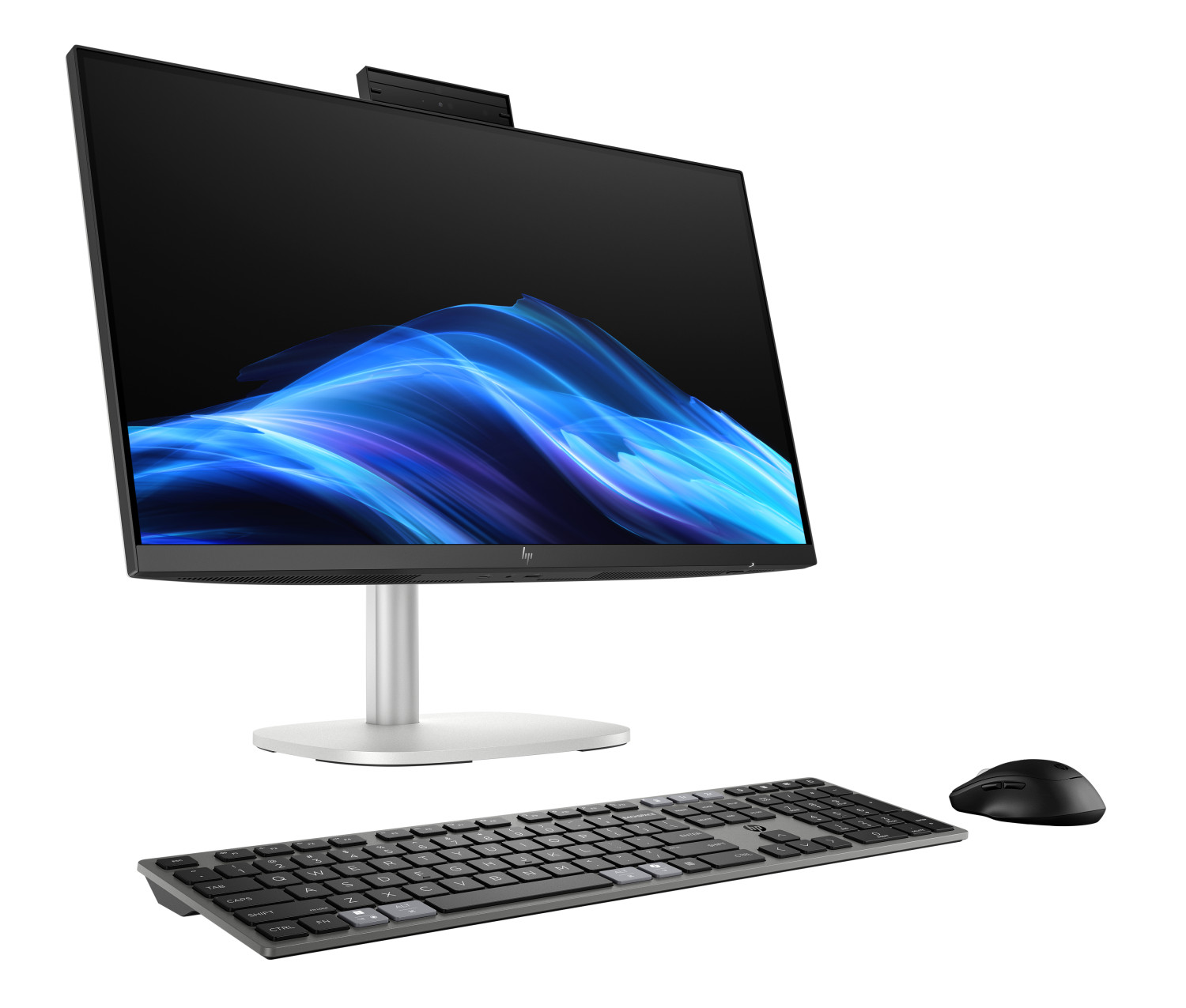 Un moderno monitor da scrivania con onda blu sullo schermo, tastiera wireless e mouse su sfondo bianco.