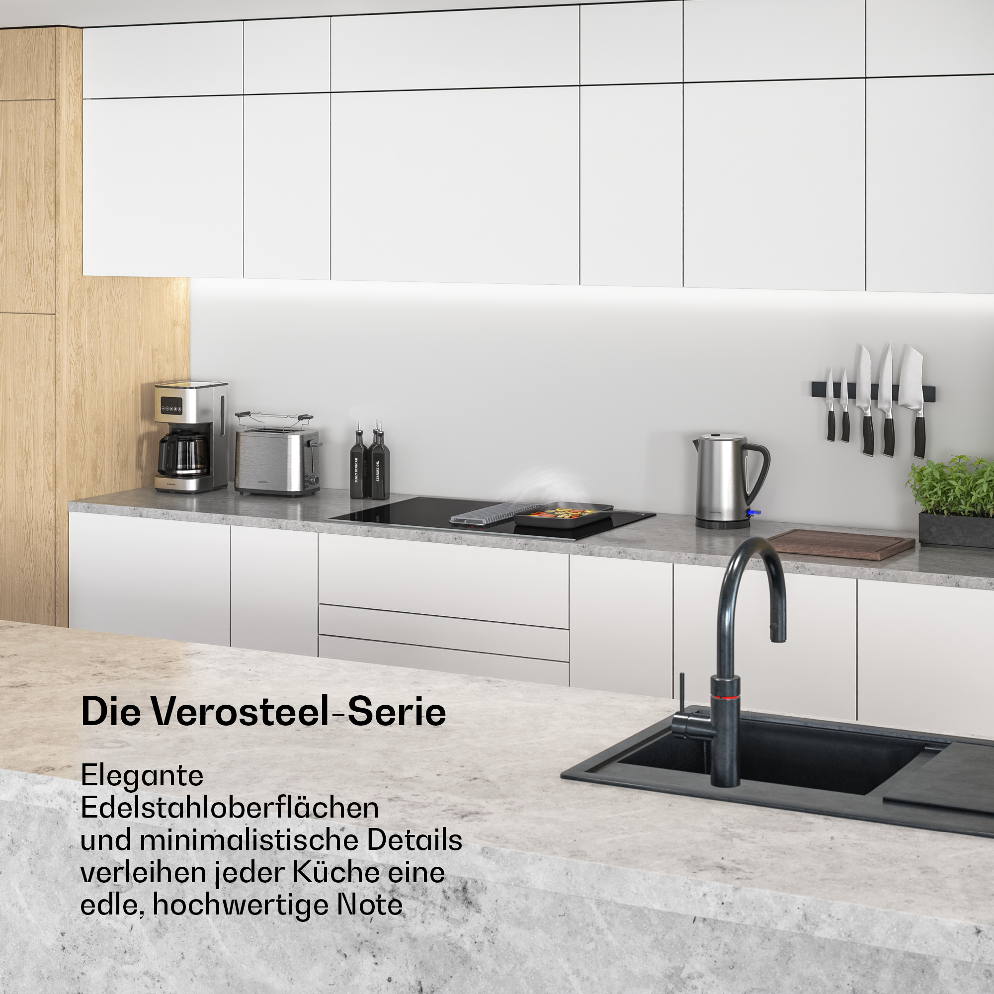 Moderne Küche mit Edelstahlgeräten, weißen Schränken und Kochinsel mit schwarzer Spüle.