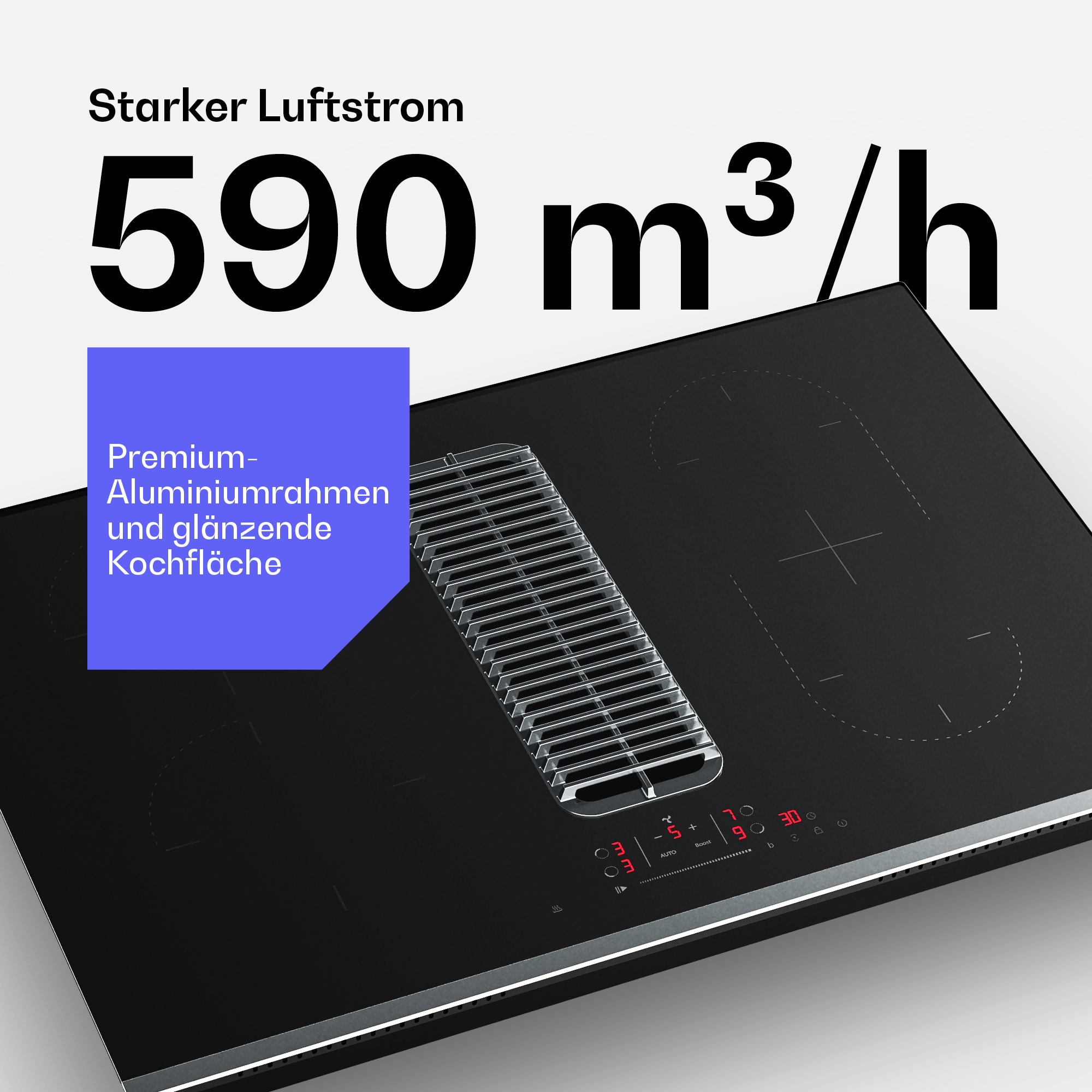 Schwarzes Induktionskochfeld mit integriertem Dunstabzug, Text 'Starker Luftstrom 590 m³/h'.