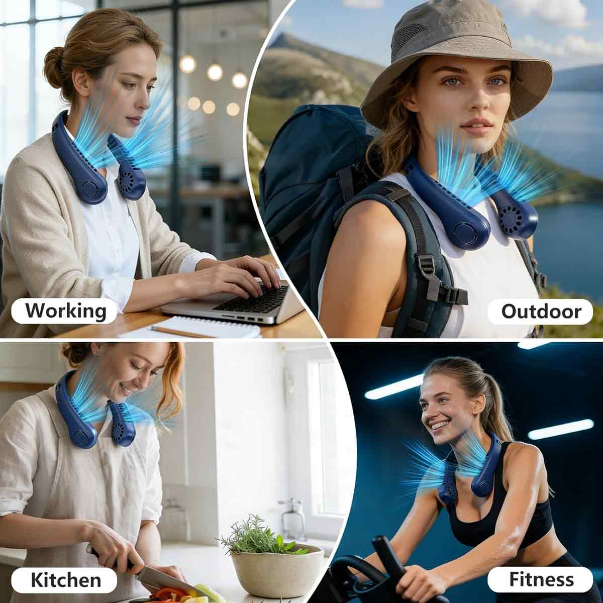Eine Collage zeigt eine Frau, die beim Arbeiten, Wandern, Kochen und Sport einen dunkelblauen Nackenventilator nutzt.
