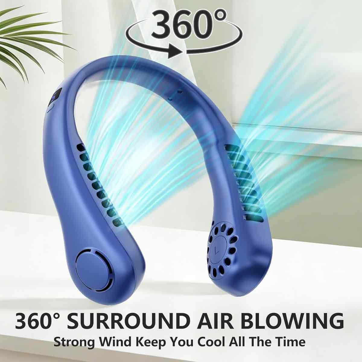 Ein blauer Nackenventilator mit 360-Grad-Luftstrom auf weißem Tisch.