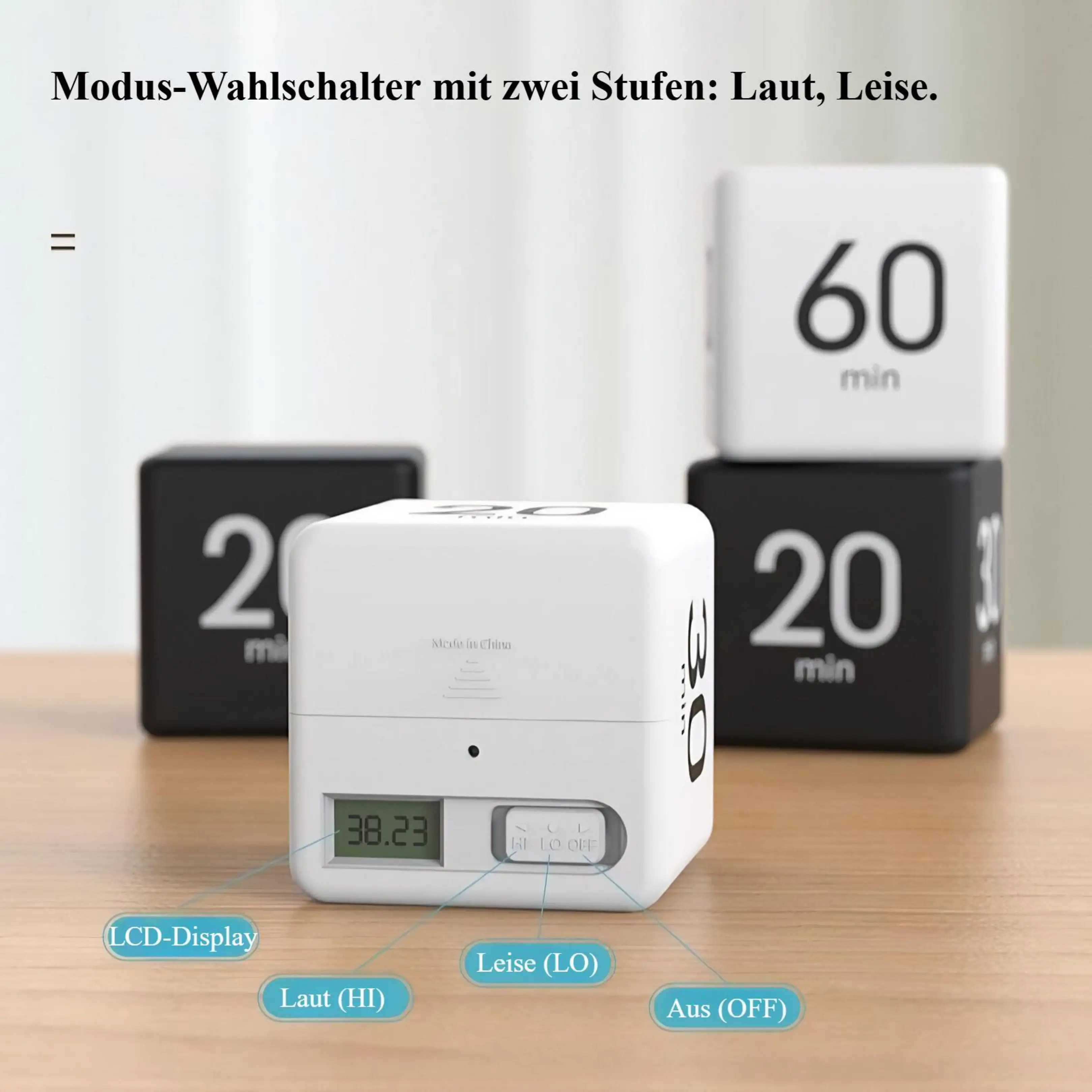 Modus-Wahlschalter mit zwei Stufen: Laut, Leise und ein LCD-Display.