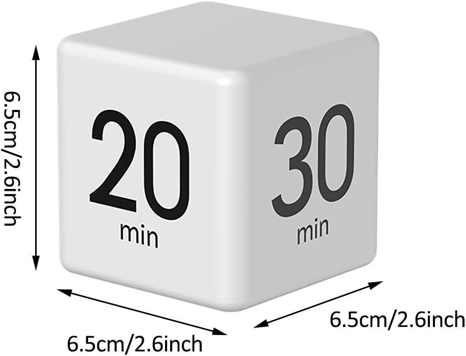 Ein weißer Würfel-Timer mit den Maßen 6.5cm zeigt die Zahlen 20 und 30 min auf den Seiten.