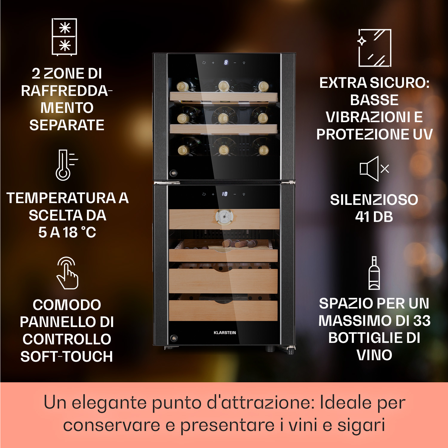 Cantinetta vino e sigari nera a doppia zona con ripiani in legno, circondata da icone e testo in italiano.