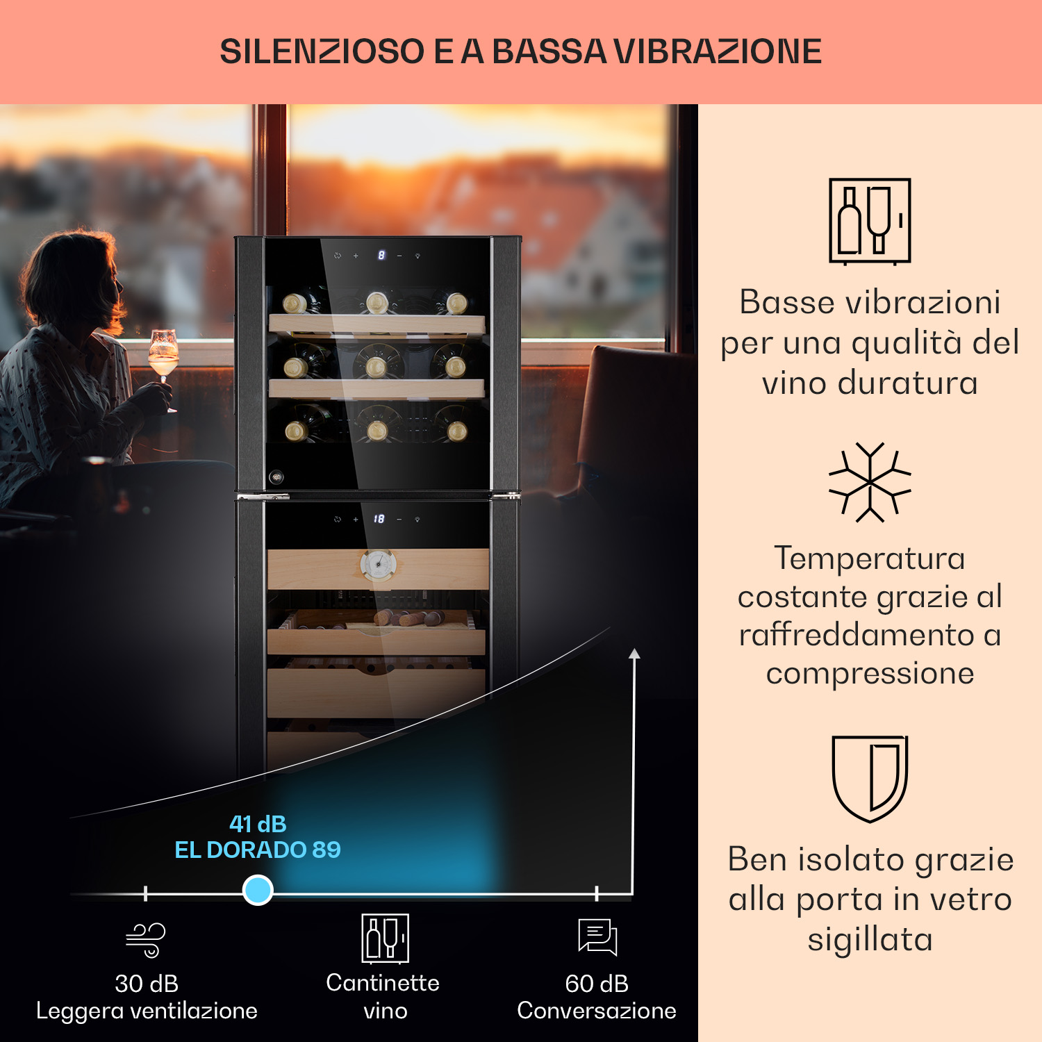 Cantinetta vino El Dorado 89 con grafico di vibrazioni e rumore.