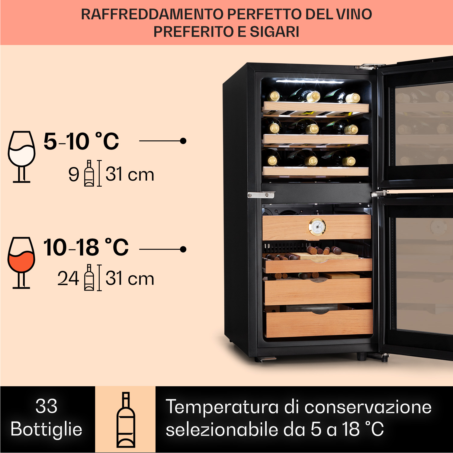 Cantinetta per vino e sigari con due zone di temperatura e ripiani in legno.