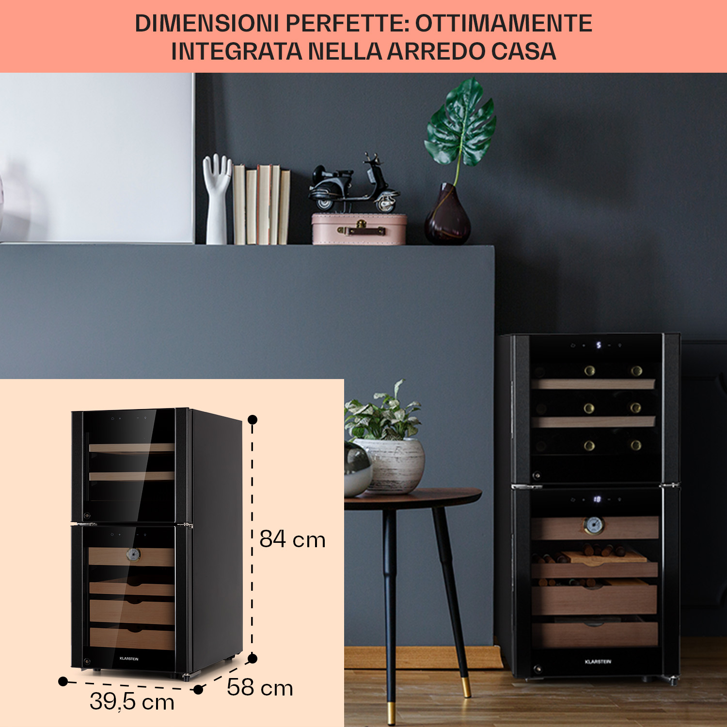 Una cantinetta per vino nera in una stanza moderna, con dimensioni: 84 cm di altezza, 39,5 cm di larghezza, 58 cm di profondità.