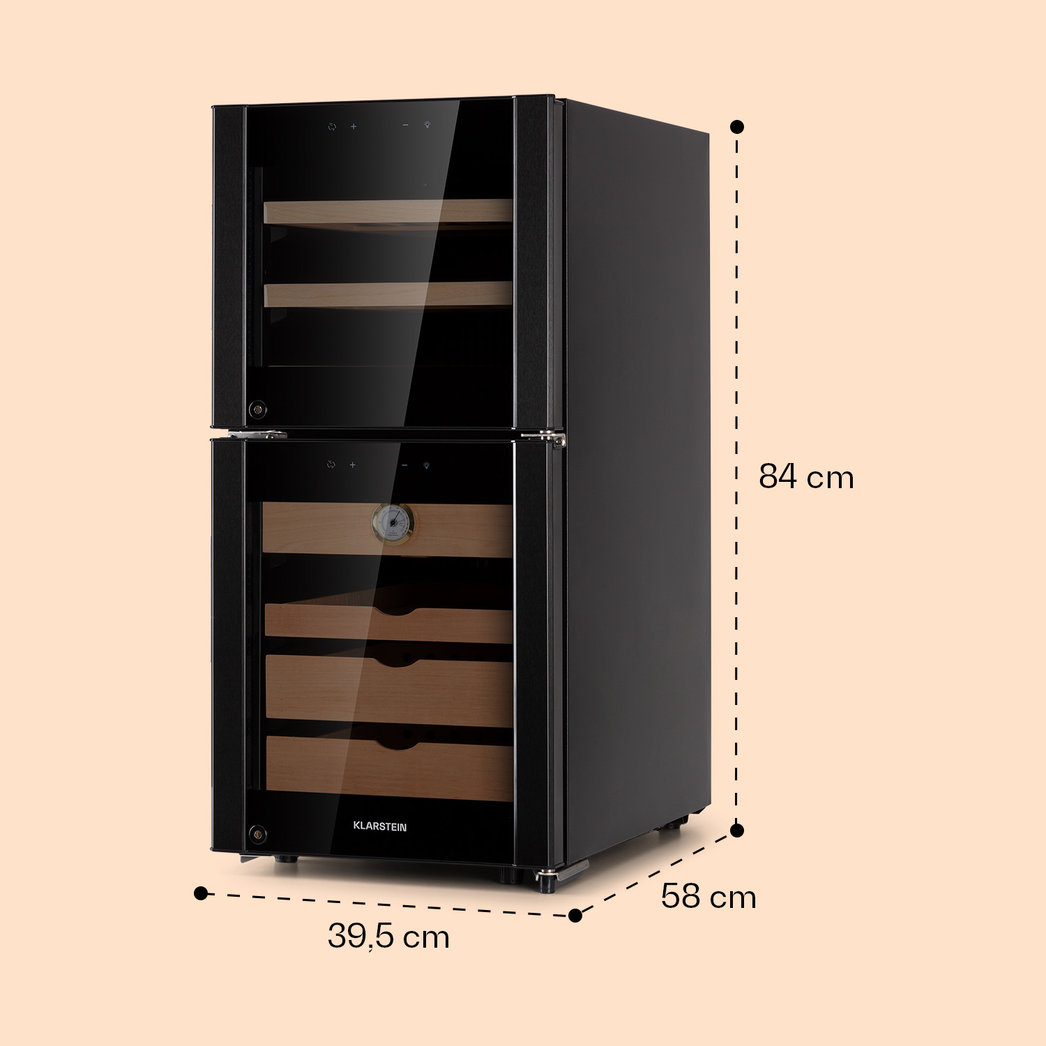 Cantinetta per vino nera Klarstein con ripiani color legno e dimensioni in cm.