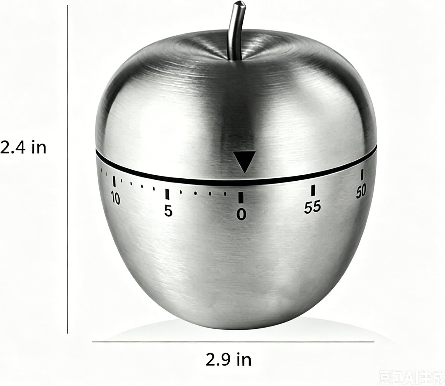 Apfelförmiger Küchenwecker aus gebürstetem Metall, 2.4 mal 2.9 Zoll groß, mit sichtbaren Zahlen.