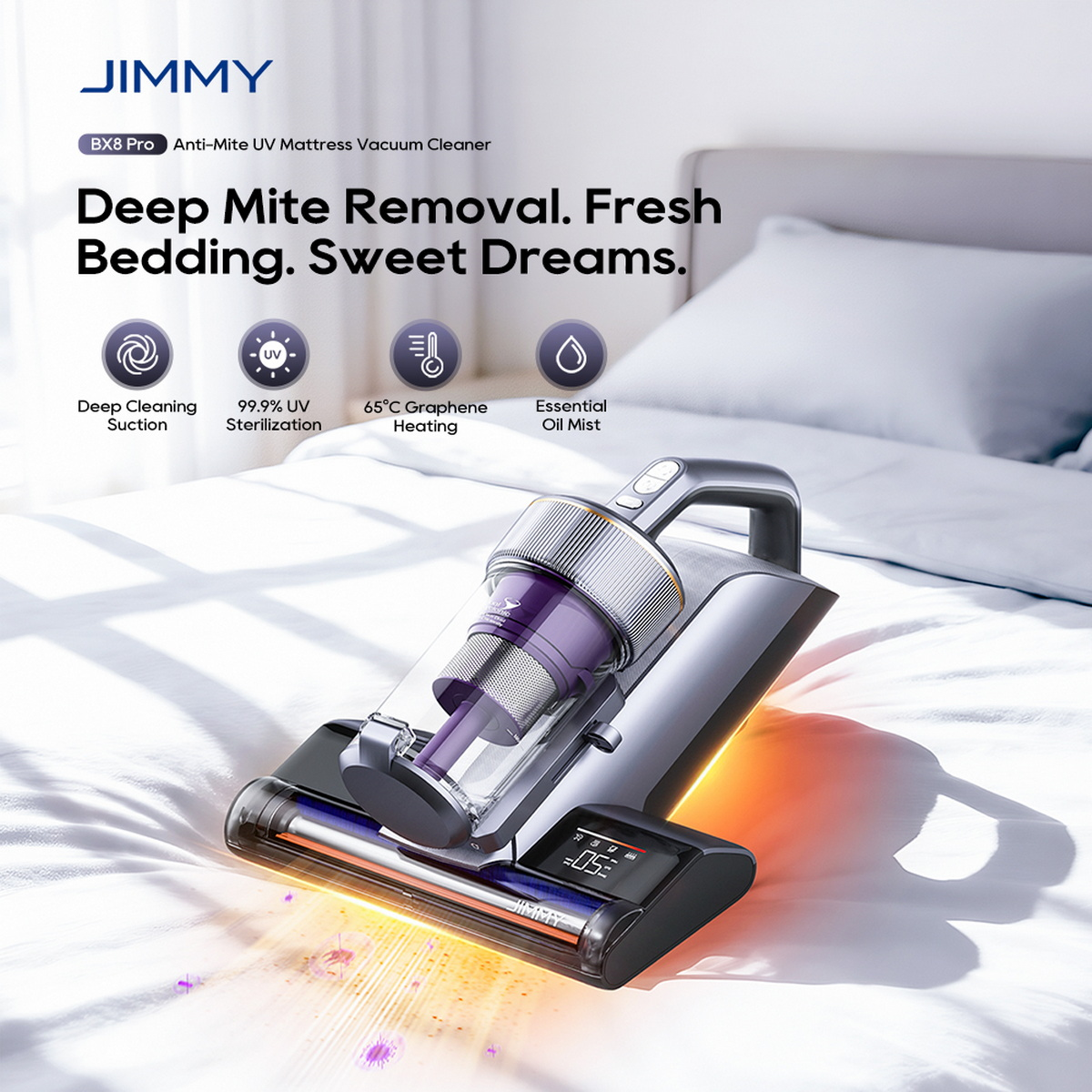 Jimmy BX8 Pro Milben-Matratzensauger auf weißem Bett mit aufgeführten Funktionen.