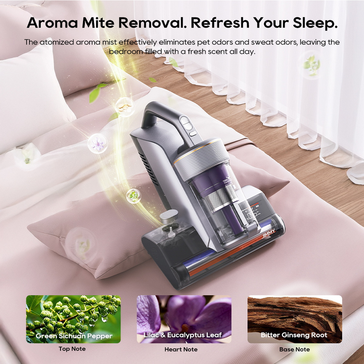 Ein grauer Handstaubsauger auf einem Bett mit Text über Aromamilbenentfernung und drei Inhaltsstoffen unten.