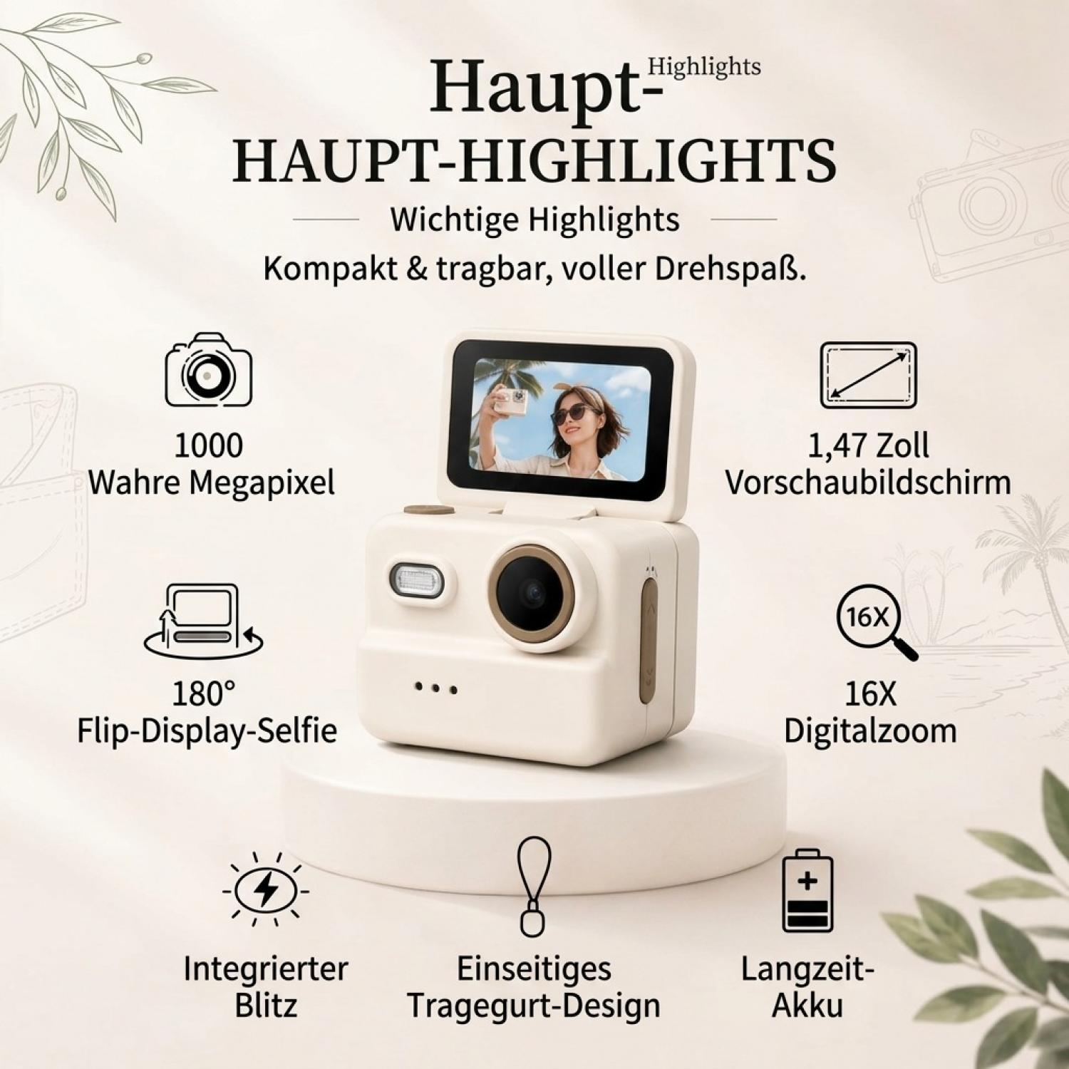 Beige Kompaktkamera auf Podest mit Flip-Display, umgeben von Icons und technischen Merkmalen auf hellem Hintergrund.