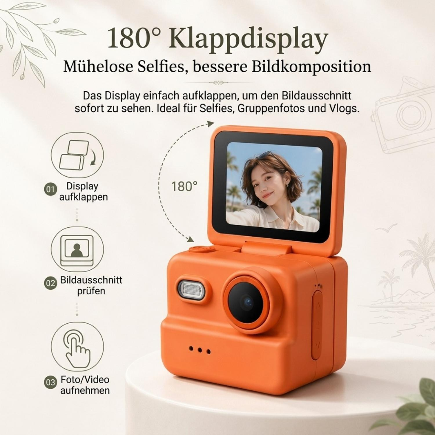 Eine orangefarbene Kamera mit 180-Grad-Klappdisplay zeigt ein Selfie, mit deutschem Text und Anleitungssymbolen.