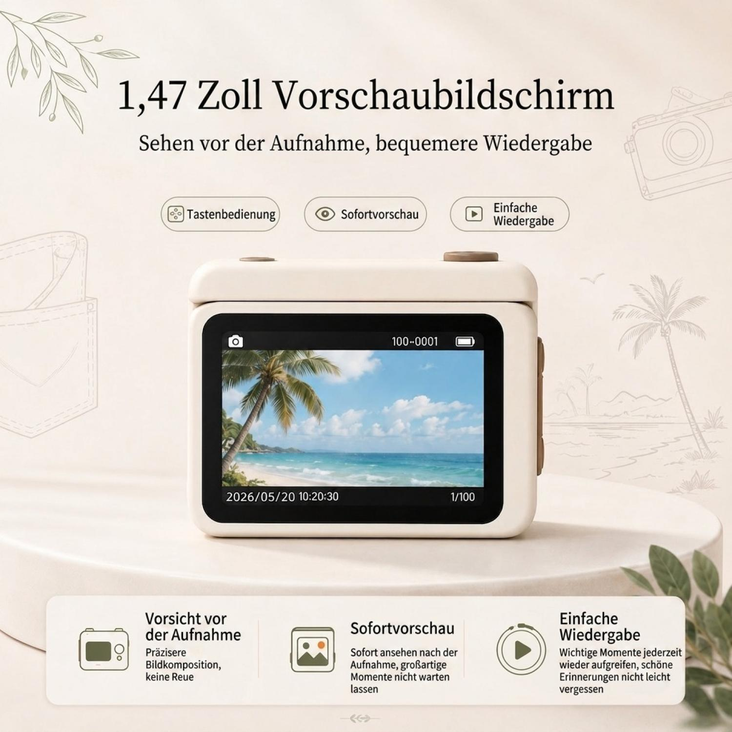 Ein weißer Mini-Fotoapparat mit einem 1,47-Zoll-Vorschaubildschirm und Palmengrafik im Hintergrund.