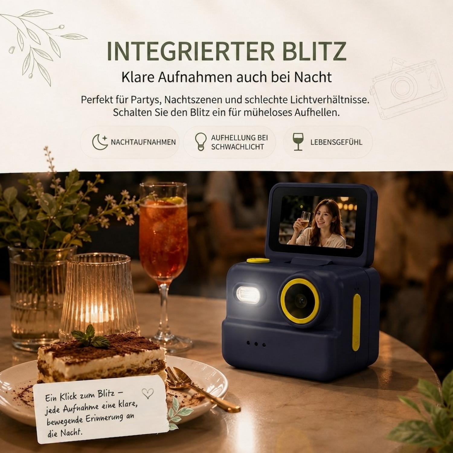 Eine blaue Kamera mit integriertem Blitz steht auf einem Tisch neben Tiramisu, einem Cocktail und einer Kerze.