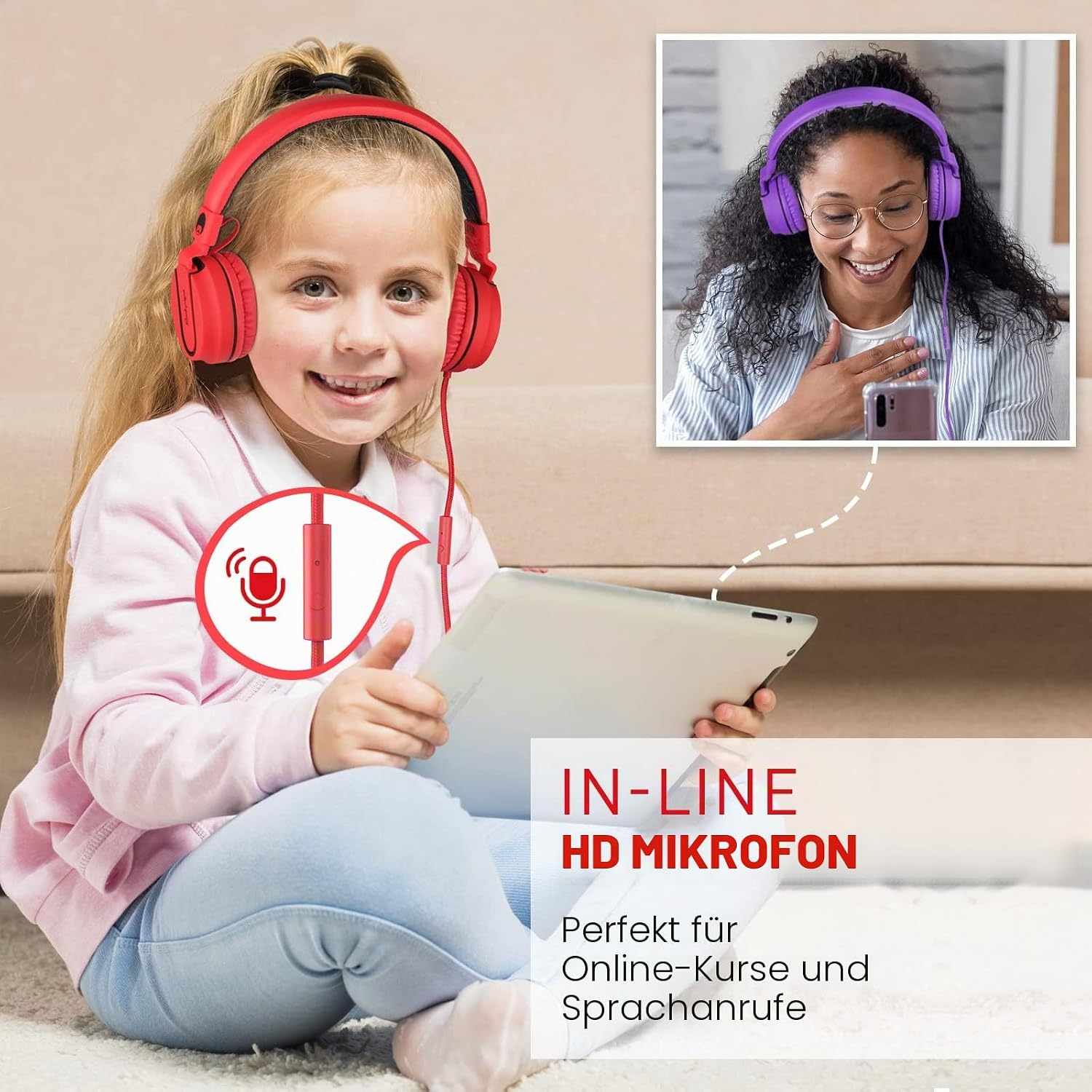 Ein blondes Mädchen mit roten Kopfhörern hält ein Tablet. Oben rechts lacht eine Frau mit violetten Kopfhörern.