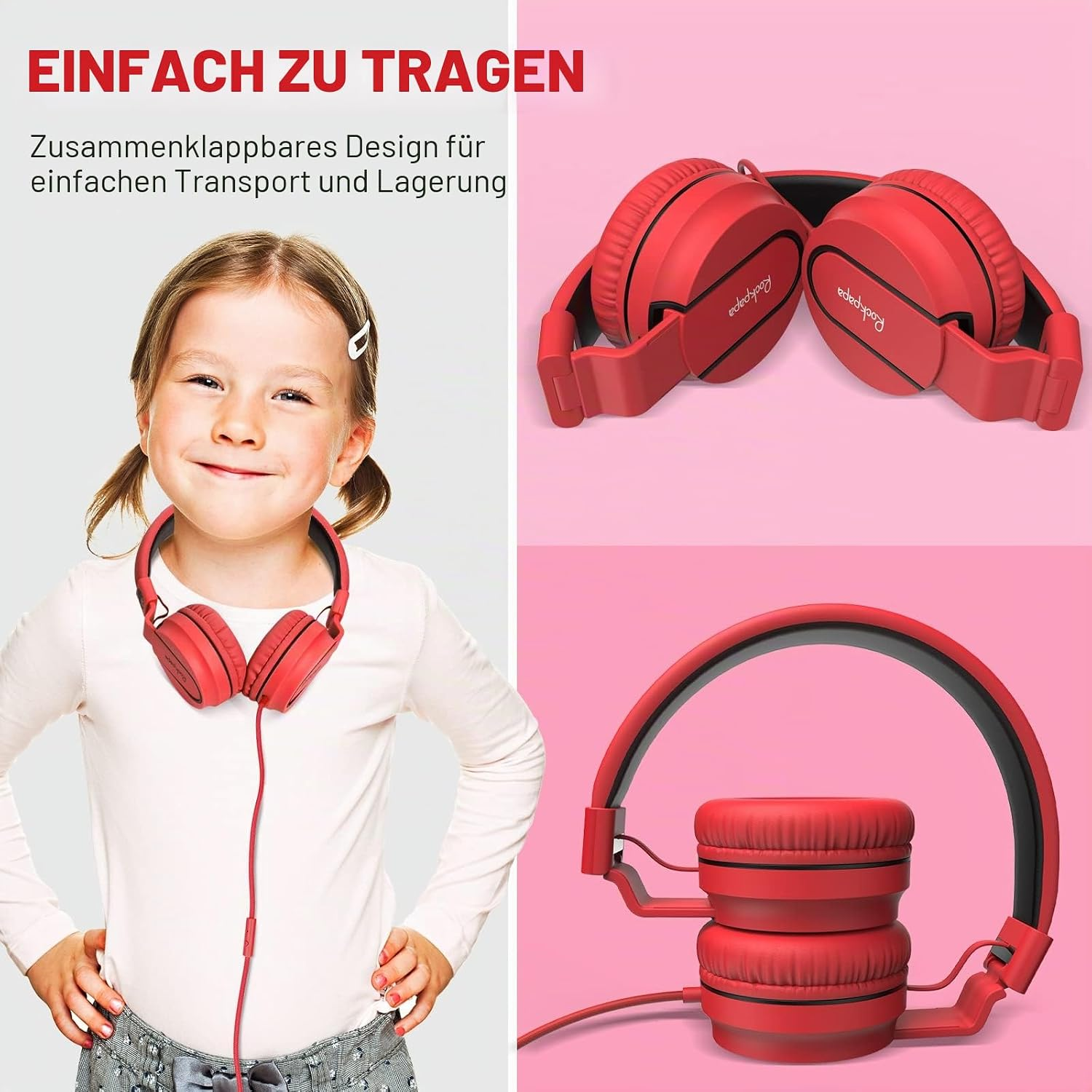 Ein Mädchen trägt rote Kopfhörer um den Hals. Rechts sind klappbare rote Kopfhörer auf rosa Hintergrund abgebildet.