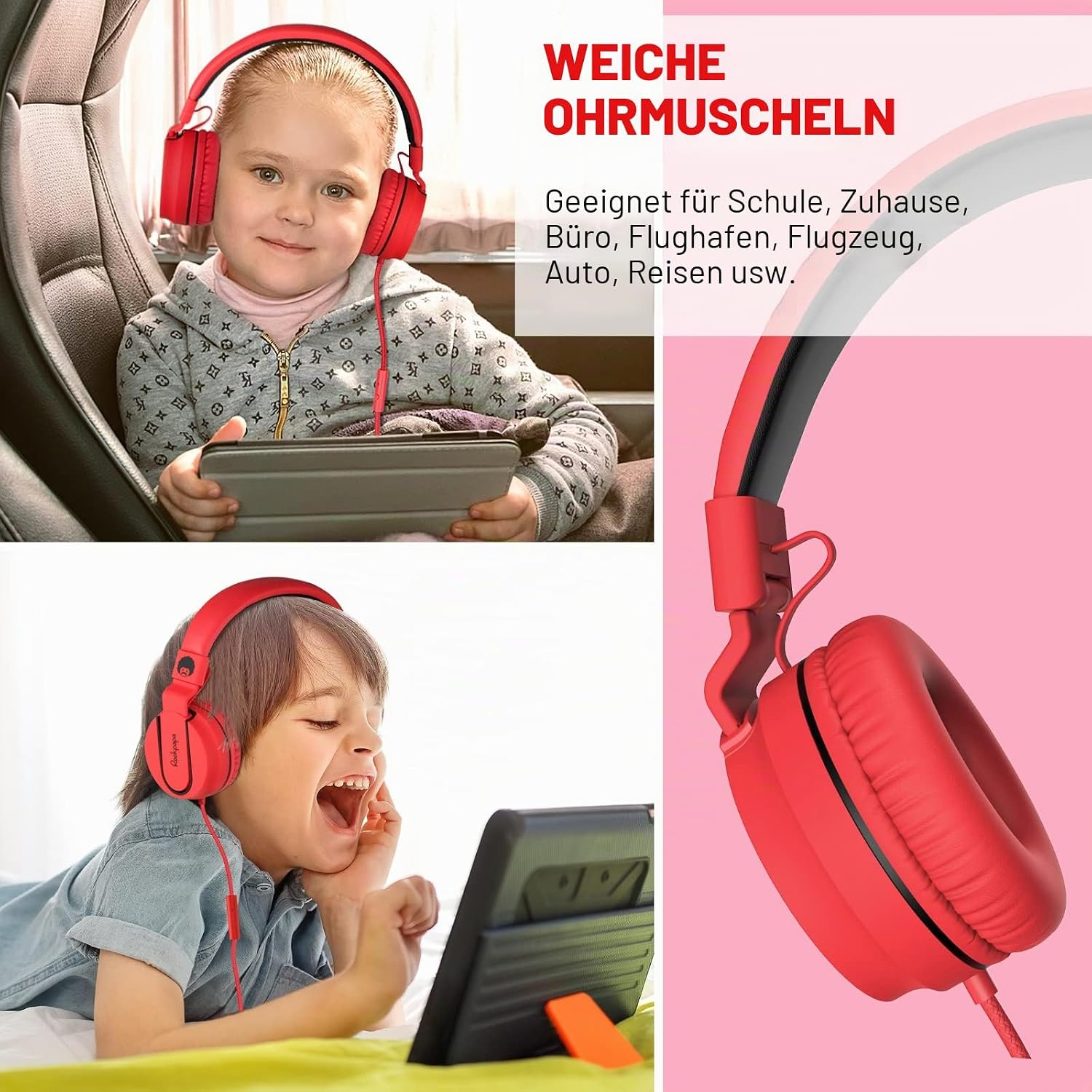 Ein Kind mit roten Kopfhörern benutzt ein Tablet, daneben ein Ohrpolster und Werbetext.