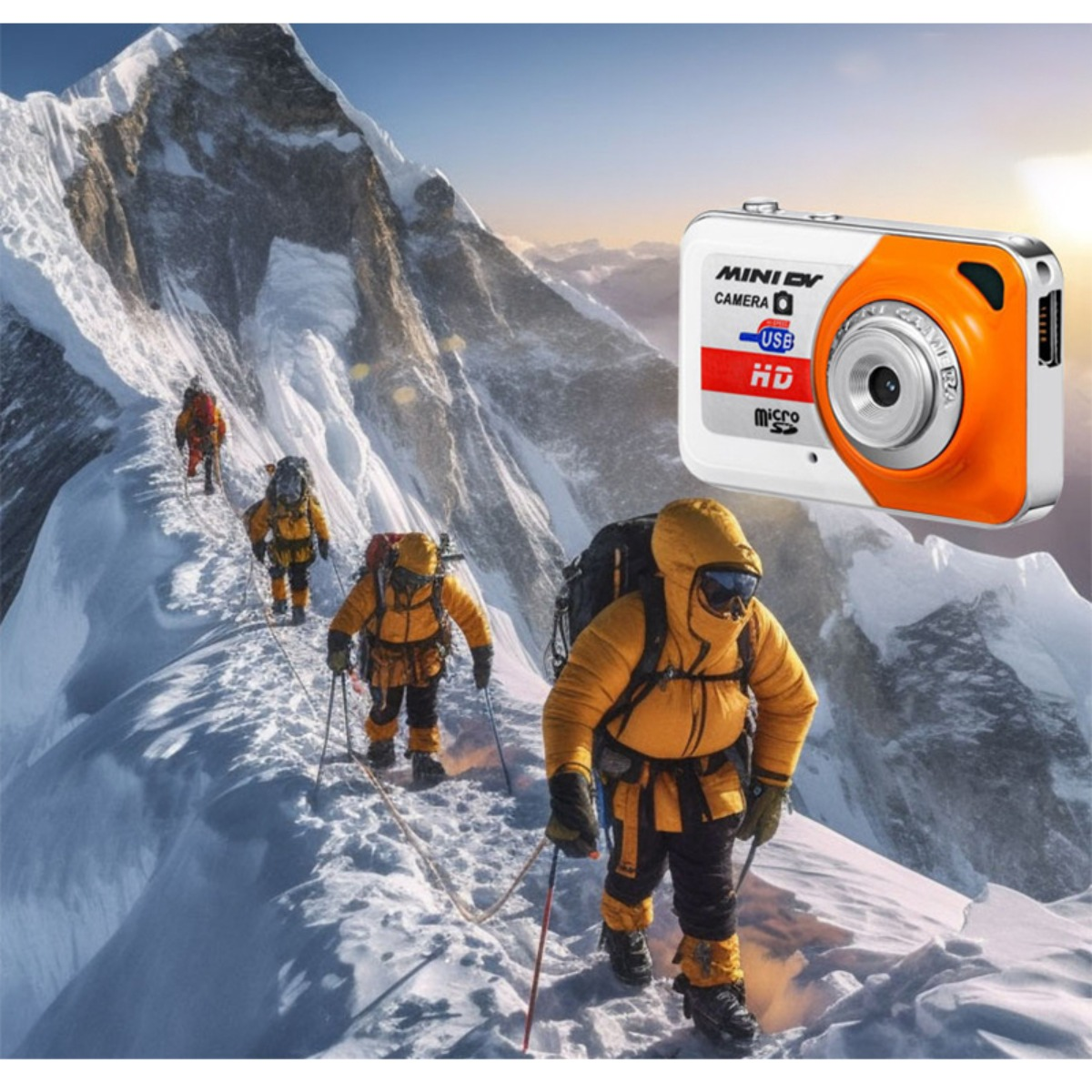 Bergsteiger in gelben Jacken klettern auf einem verschneiten Grat, während eine kleine orangefarbene Kamera schwebt.