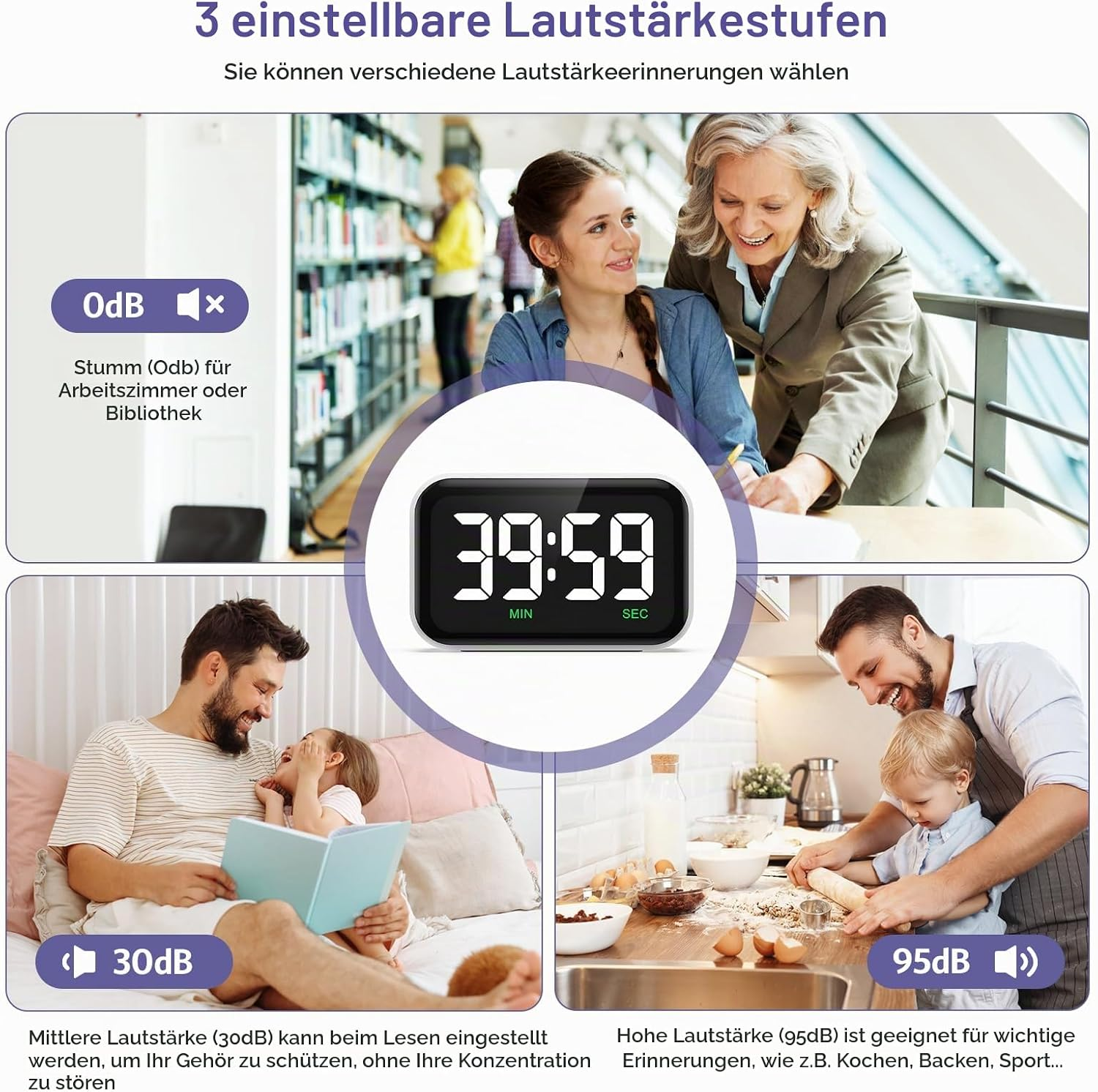 Digitale Uhr mit drei anpassbaren Lautstärken in verschiedenen Szenarien wie Bibliothek, Lesen und Kochen.