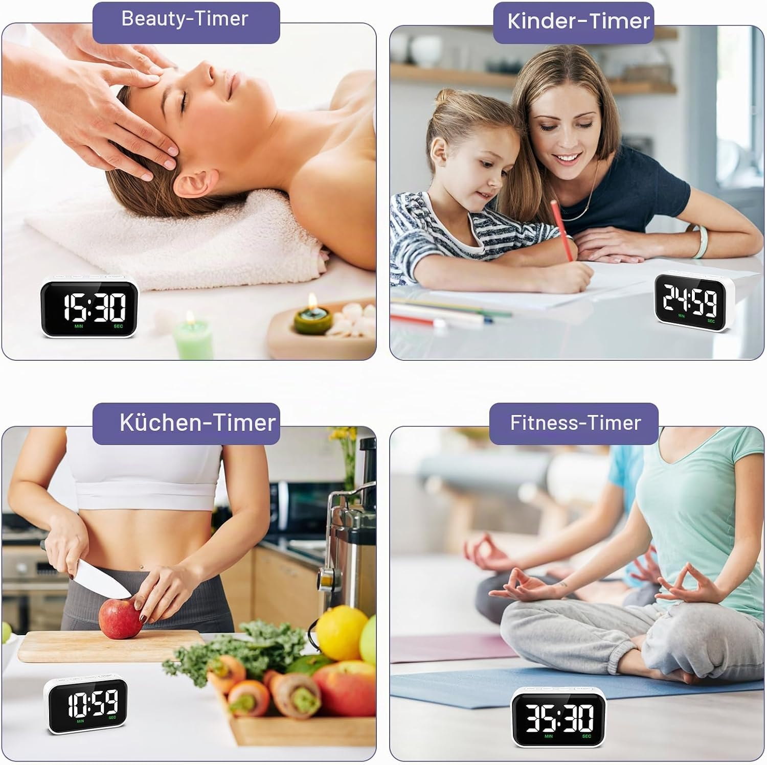 Vier Bilder zeigen weiße Timer in verschiedenen Situationen: Spa, Lernen, Kochen und Yoga.