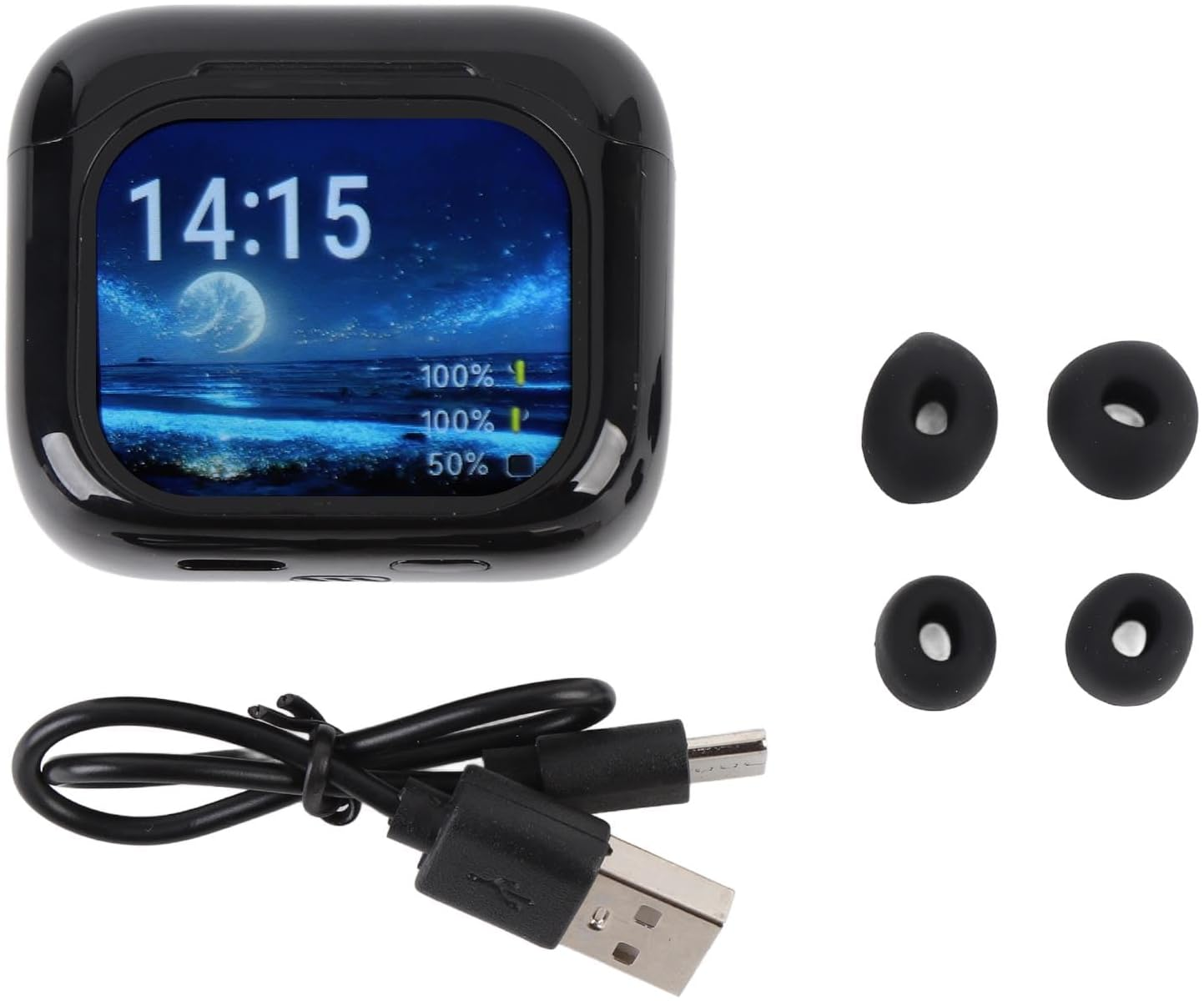 Schwarzes Ladecase mit Digitaldisplay, USB-Ladekabel und vier Ohrstöpseln.