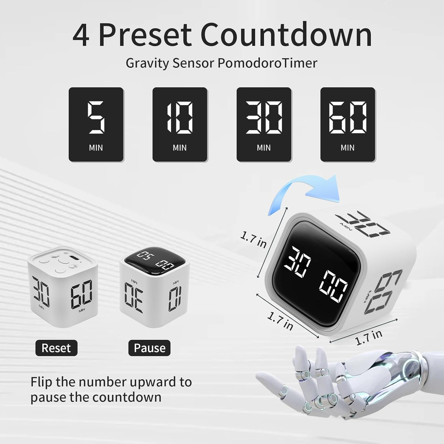 Ein weißer quadratischer Timer mit digitalem Display und 4 Preset-Countdown-Minuten.