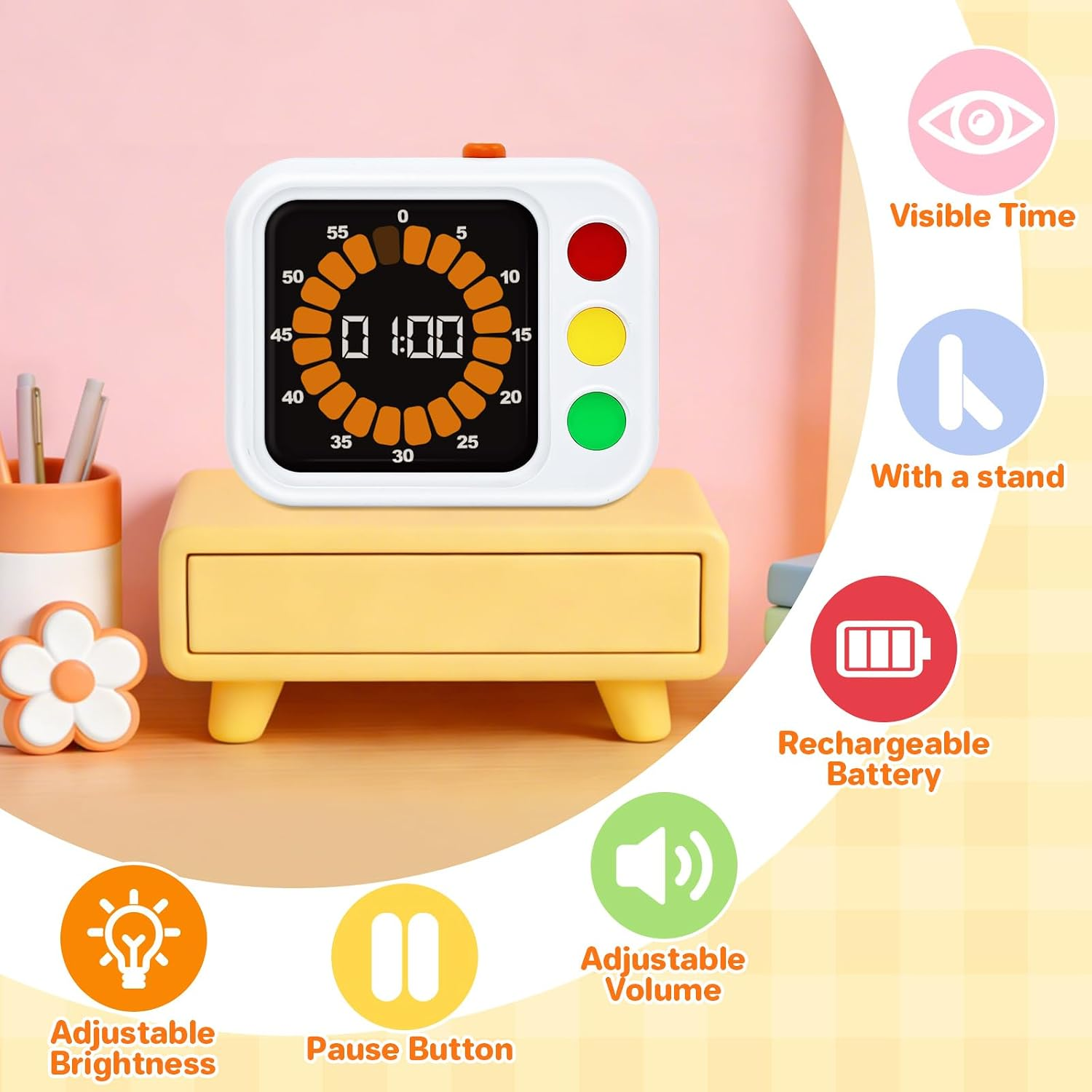 Ein weißer digitaler Timer auf einer gelben Ablage mit Symbolen für Funktionen am Rand.
