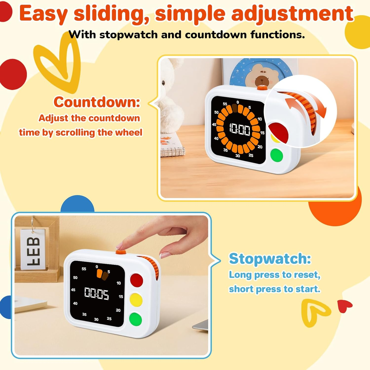 Produktwerbung für einen digitalen Wecker mit Timer, Stoppuhr und Farbindikatoren auf einem Tisch.