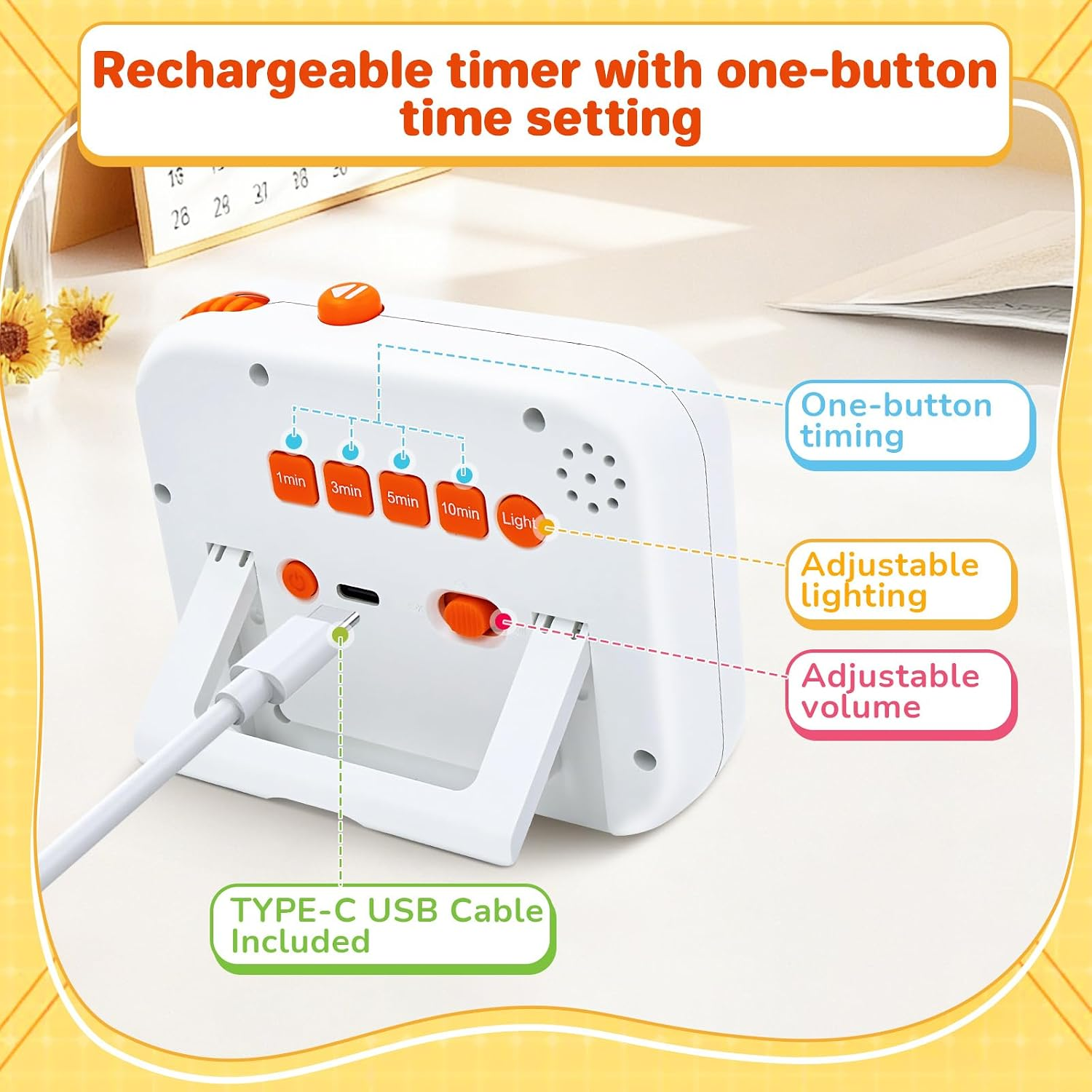 Weißer aufladbarer Timer mit USB-C-Kabel und Tasten für Timing, Licht und Lautstärke.