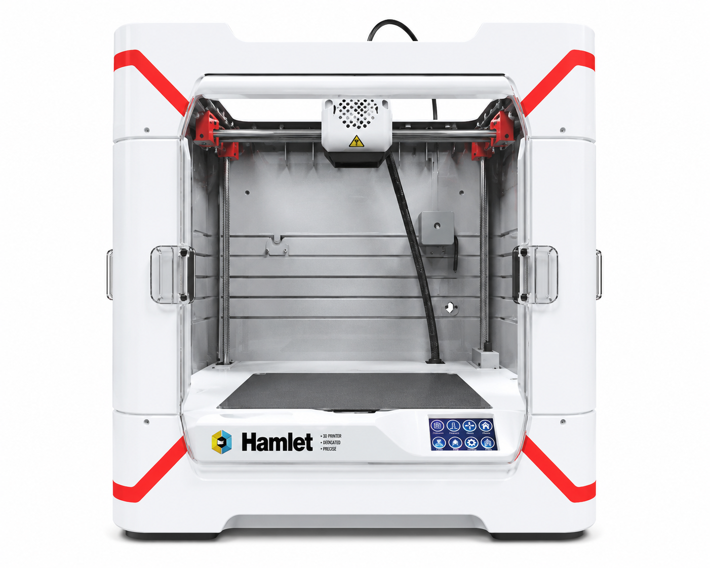 Ein weißer Hamlet 3D-Drucker mit roten Akzenten und einer glänzenden Innenseite auf weißem Hintergrund.
