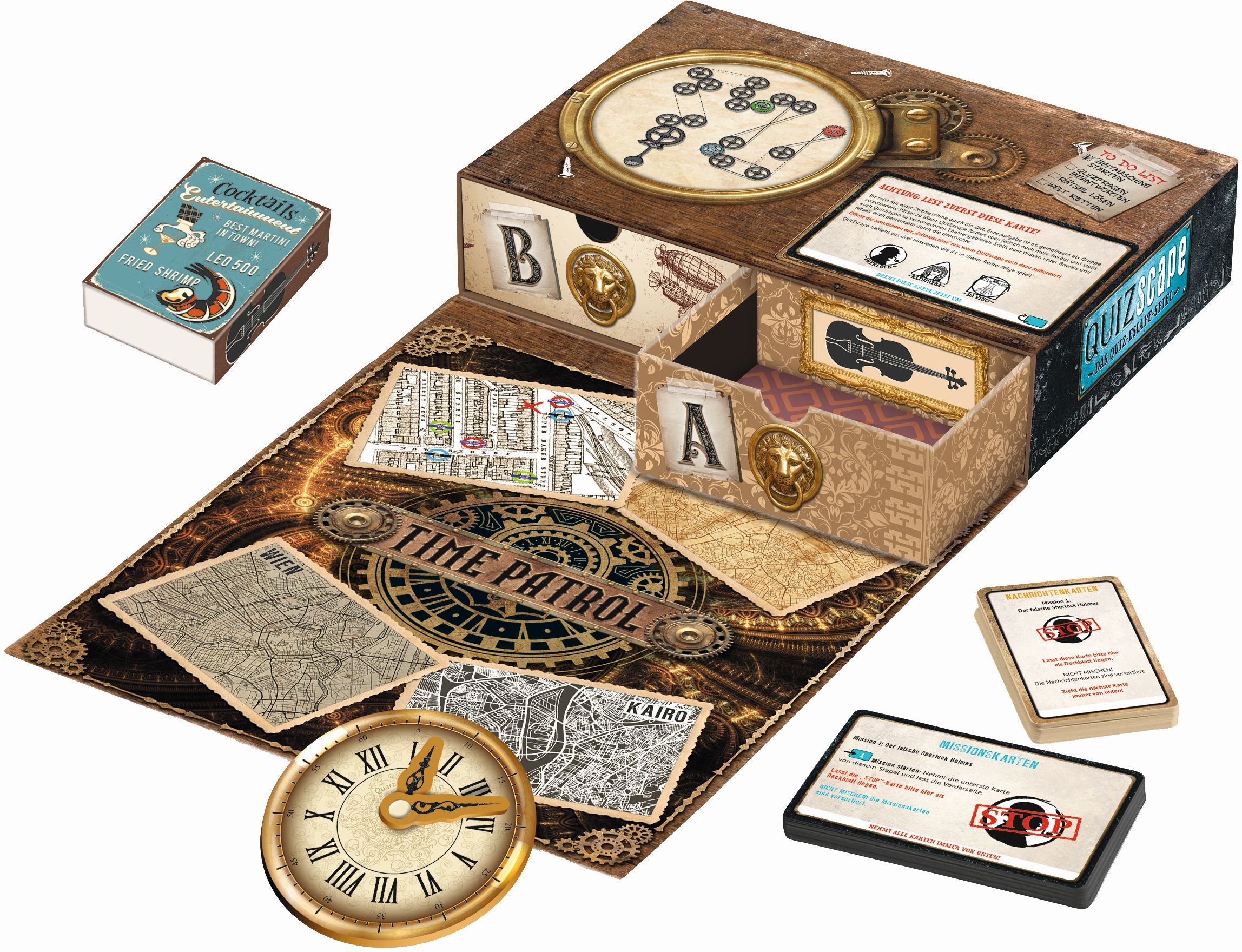 Ein Escape-Spiel mit hölzerner Box, Uhrendesign, Karten, Stadtkarten und Rätseln auf einer Spielfläche.