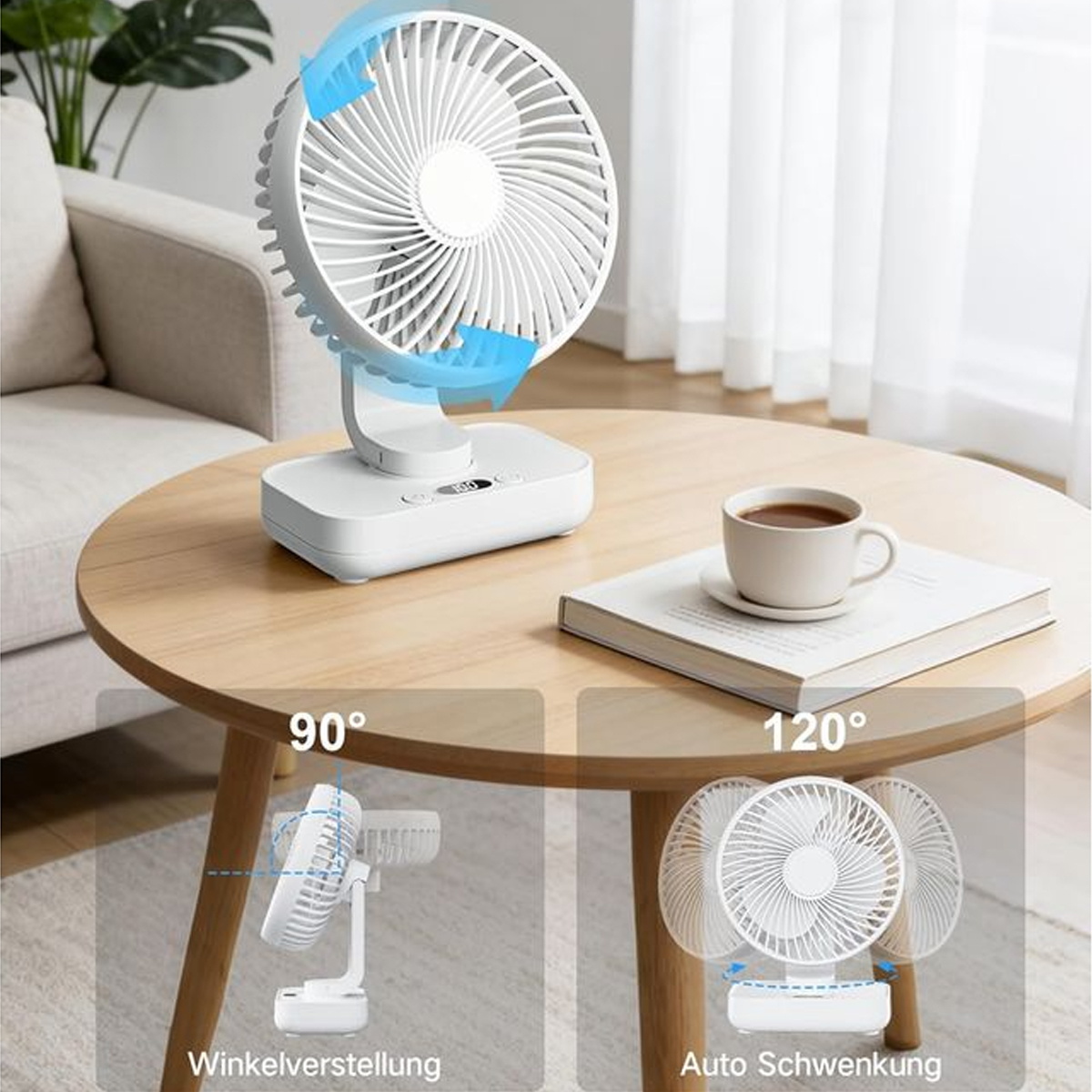 Weißer Tischventilator auf Holzschreibtisch mit Tasse auf Buch, Diagramme zeigen 90 Grad und Schwenkfunktion.