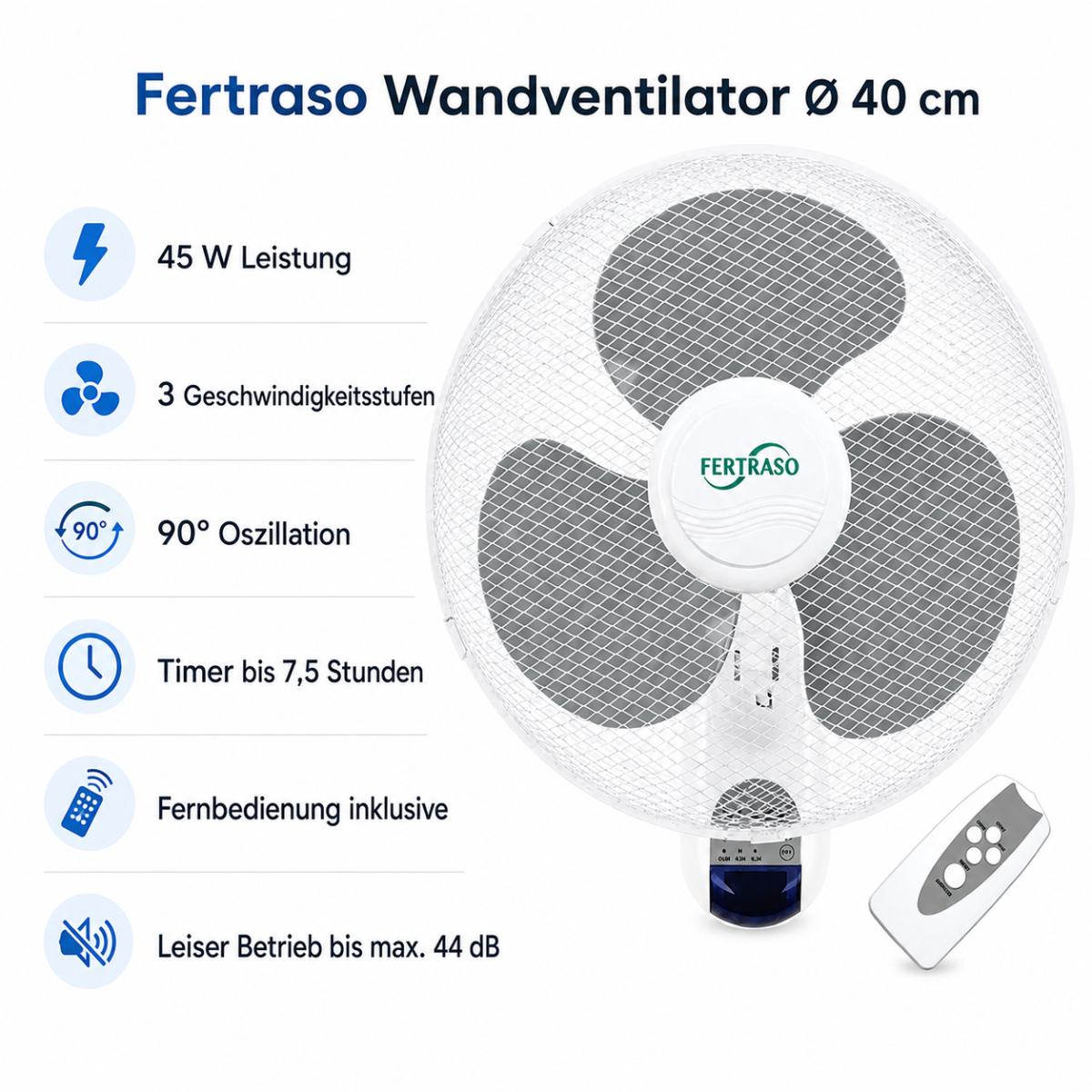 Fertraso Wandventilator mit 40 cm Durchmesser, Fernbedienung und sechs Funktionssymbolen links.