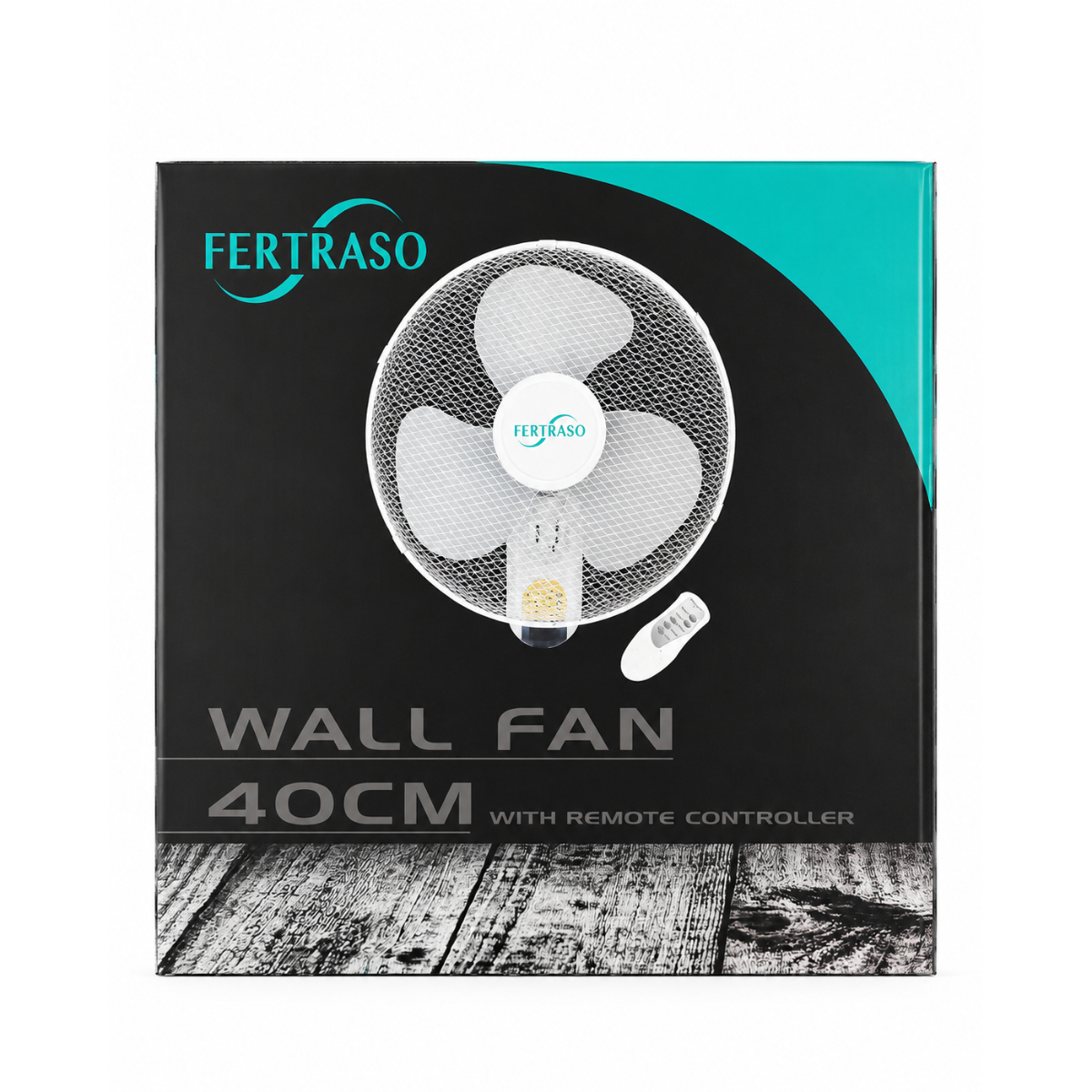 Fertraso Wandventilator 40cm Verpackung mit weißem Ventilator und Fernbedienung vor dunklem Hintergrund.