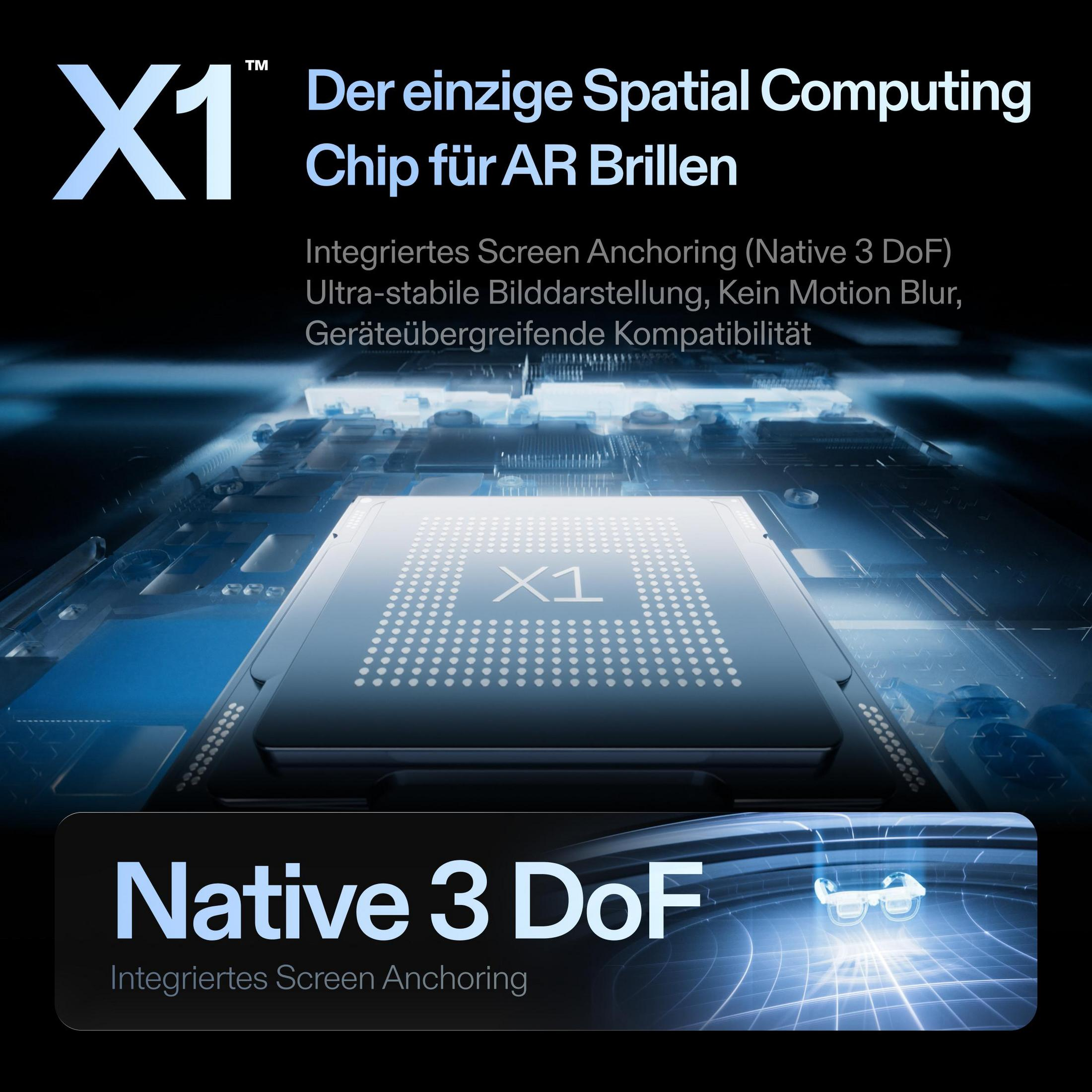 Un chip di computing spaziale X1 su un circuito stampato con testo promozionale in tedesco.