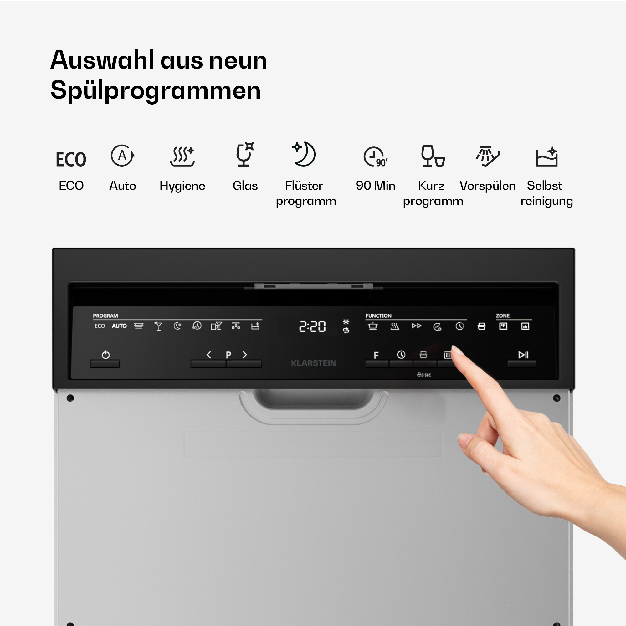 Hand bedient das Touch-Bedienfeld einer Spülmaschine mit neun Programmsymbolen oben.
