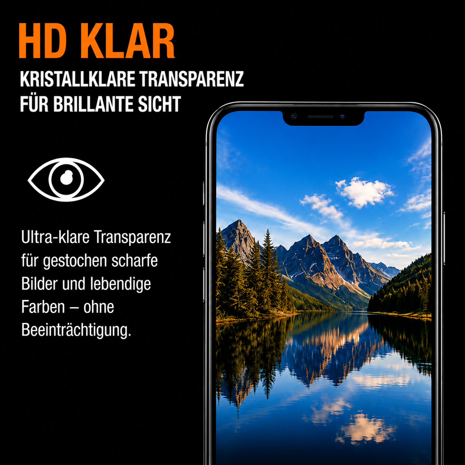 Ein Smartphone zeigt ein Bergpanorama auf dem Display mit deutschem Text links.