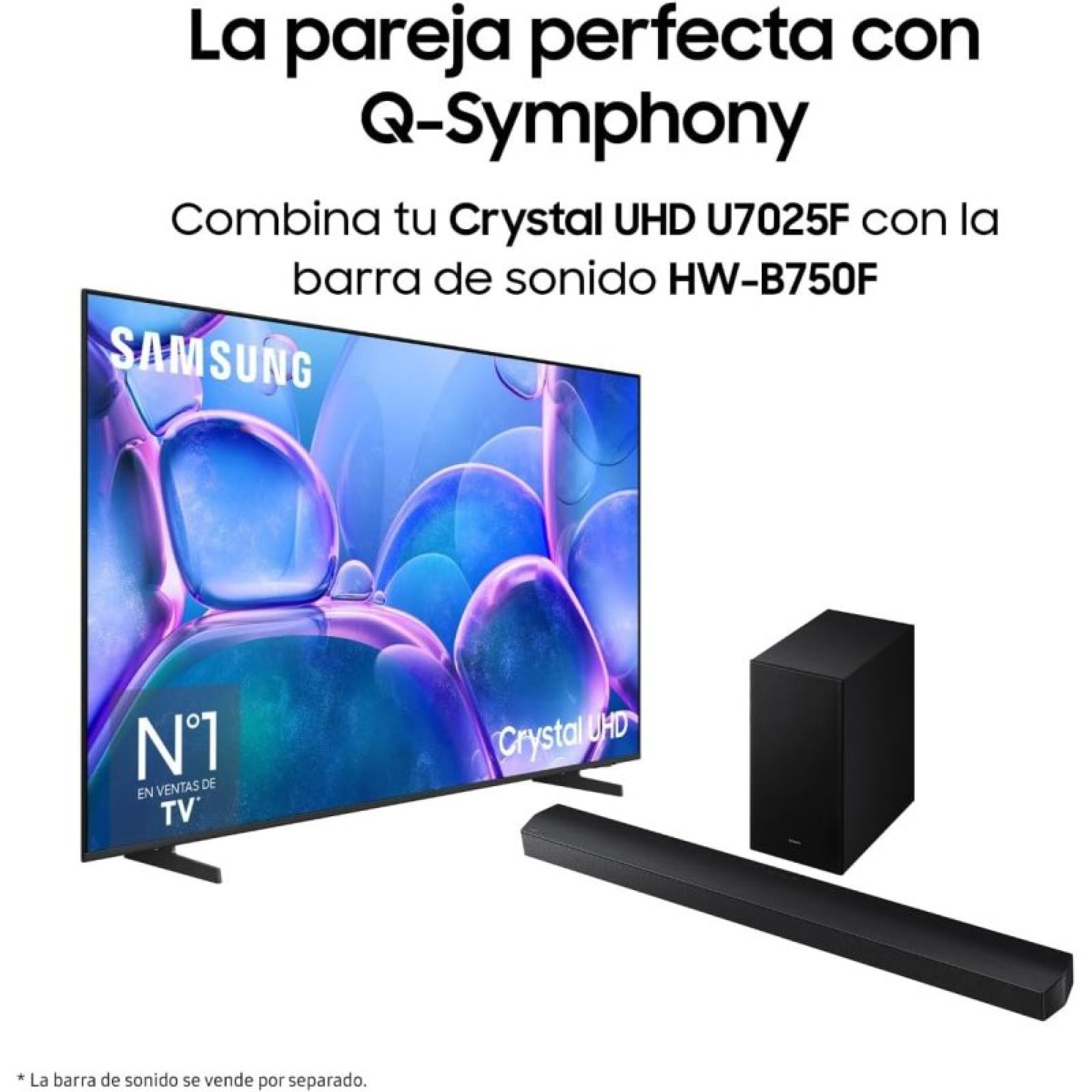 Televisore Samsung Crystal UHD e soundbar HW-B750F con subwoofer su sfondo bianco.