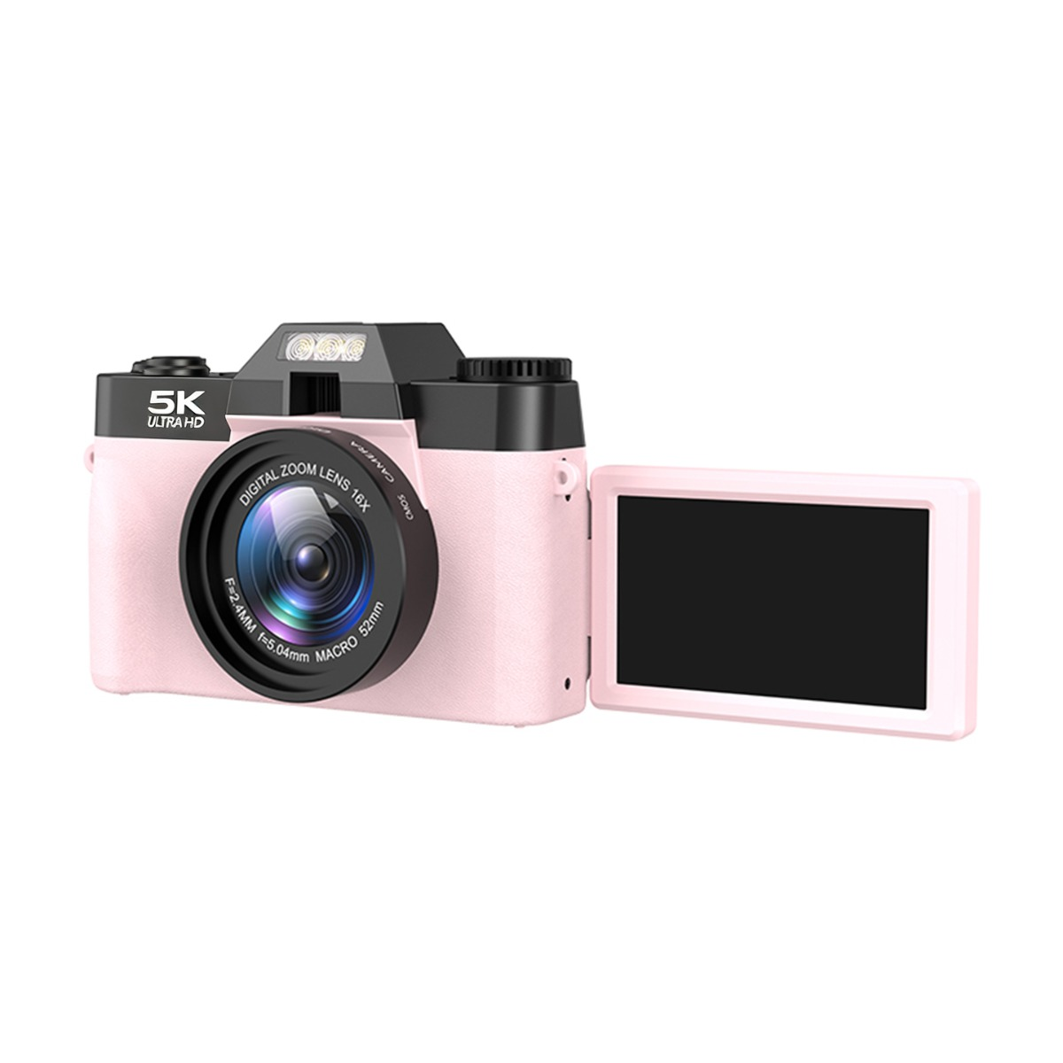 Eine rosa-schwarze 5K-Digitalkamera mit offenem Schwenkbildschirm vor weißem Hintergrund.
