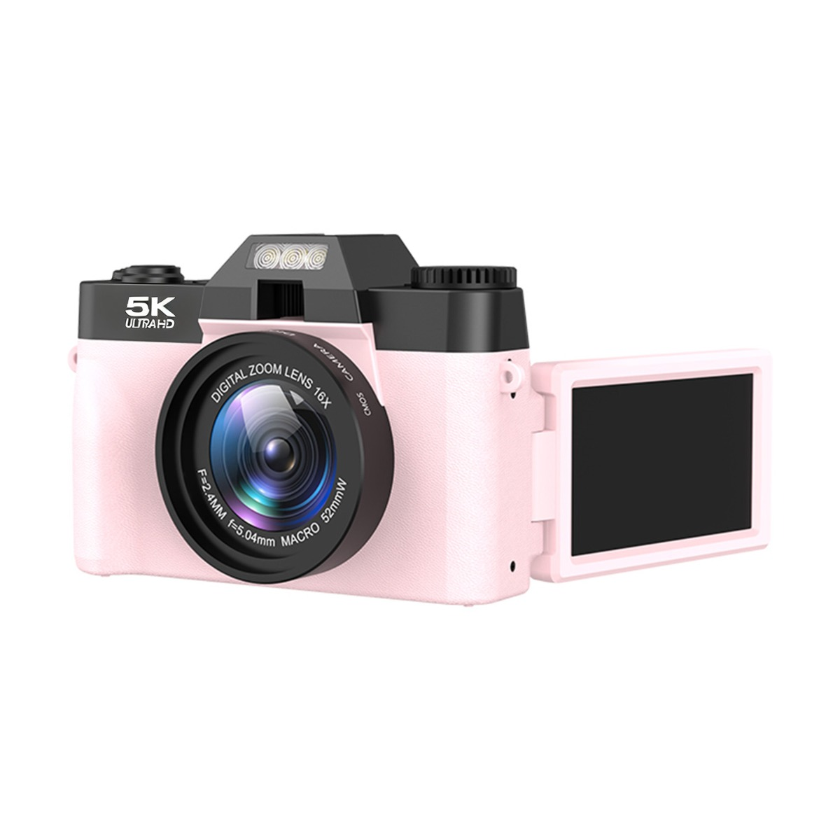 Eine rosa-schwarze 5K-Digitalkamera mit ausgeklapptem Bildschirm vor weißem Hintergrund.