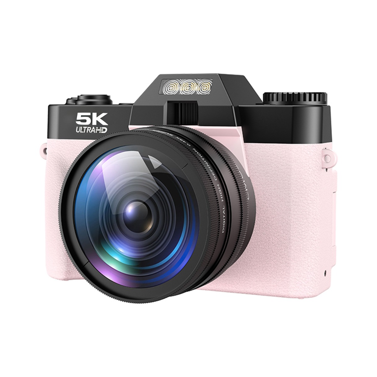 Eine rosa-schwarze 5K-Ultra-HD-Kamera mit großer Linse und integriertem Blitz auf weißem Hintergrund.