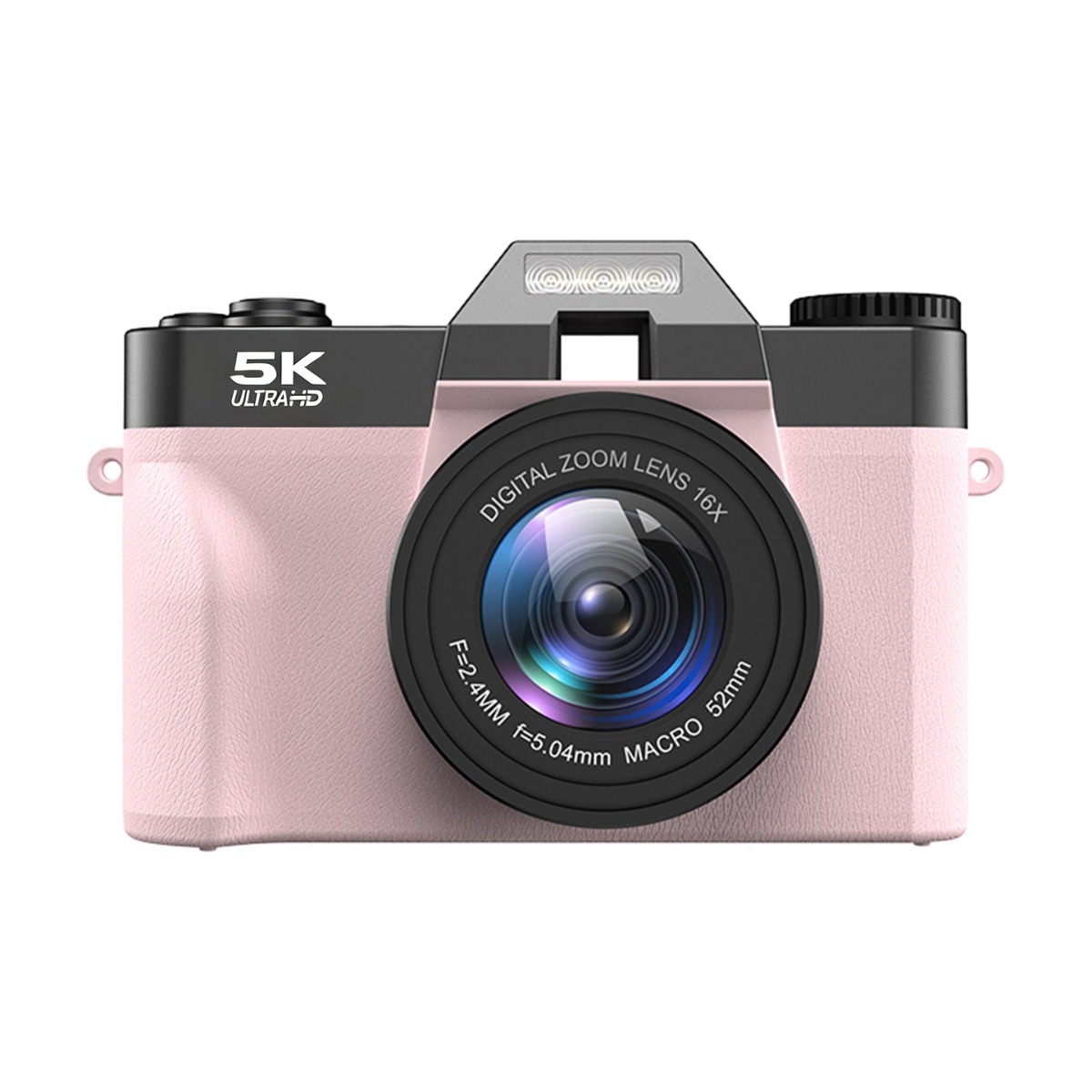 Eine rosa-schwarze Digitalkamera mit großem Objektiv, 5K Ultra HD Text und Blitz oben vor weißem Hintergrund.