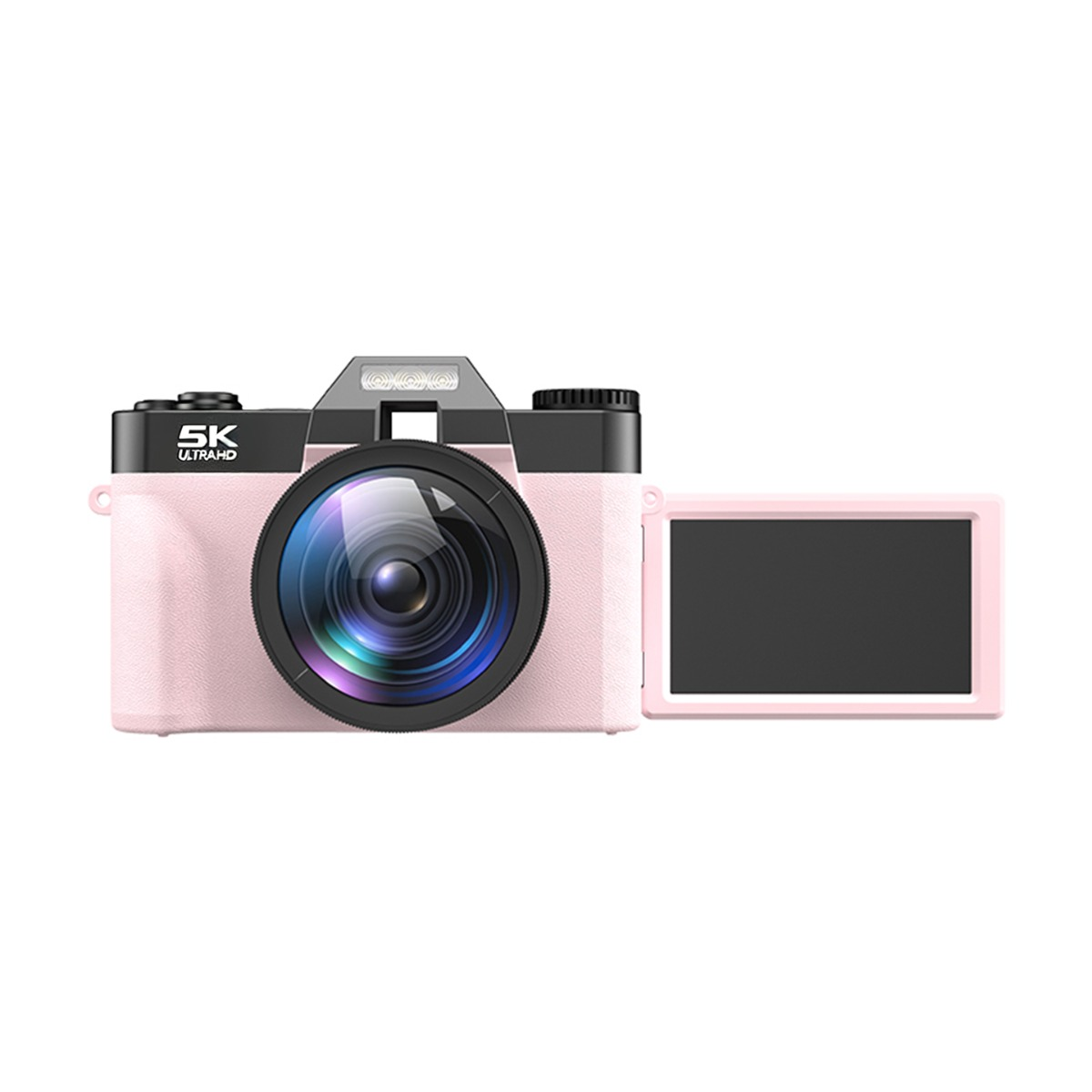 Eine rosa-schwarze 5K-Ultra-HD-Kamera mit einem grossen Objektiv und einem ausgeklappten Bildschirm auf weissem Grund.