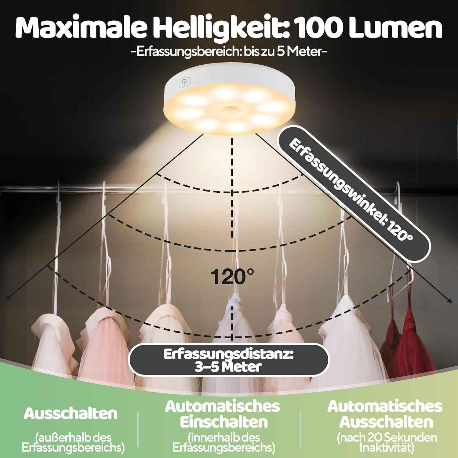 Eine weiße LED-Deckenleuchte im Schrank mit 120 Grad Erfassungswinkel und 3-5 Metern Reichweite.