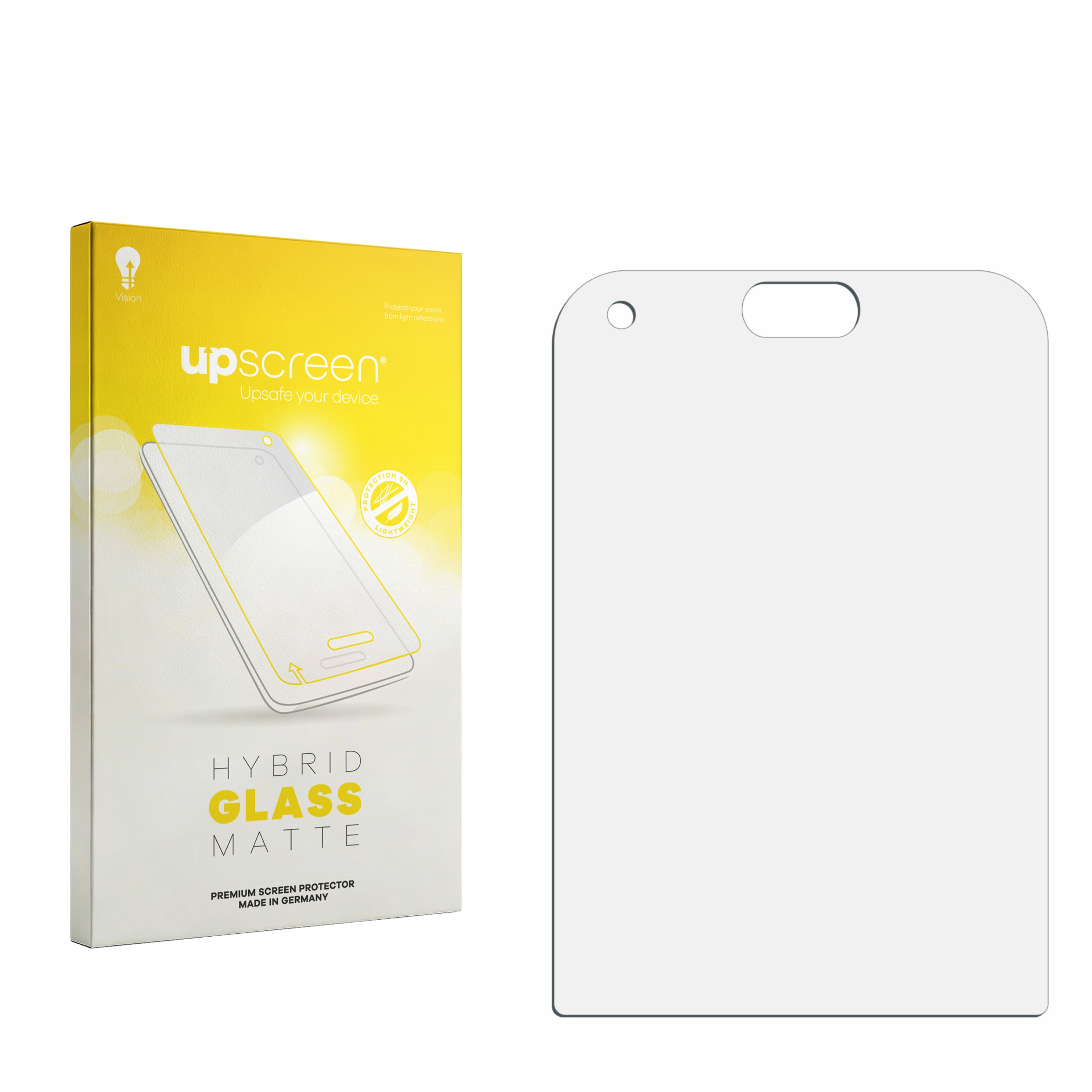 Upscreen Hybrid Glass Matte Displayschutzfolie mit Verpackung auf weißem Hintergrund.