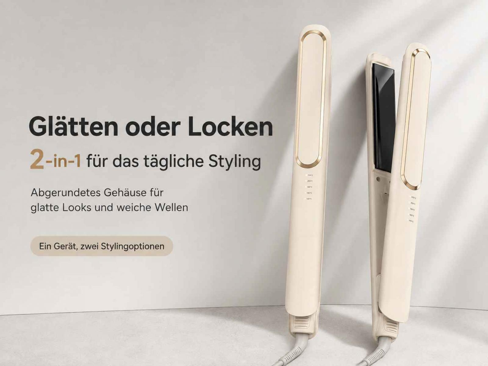Beige Haarglätter und Lockenstab 2-in-1 vor hellem Hintergrund mit deutschem Text.