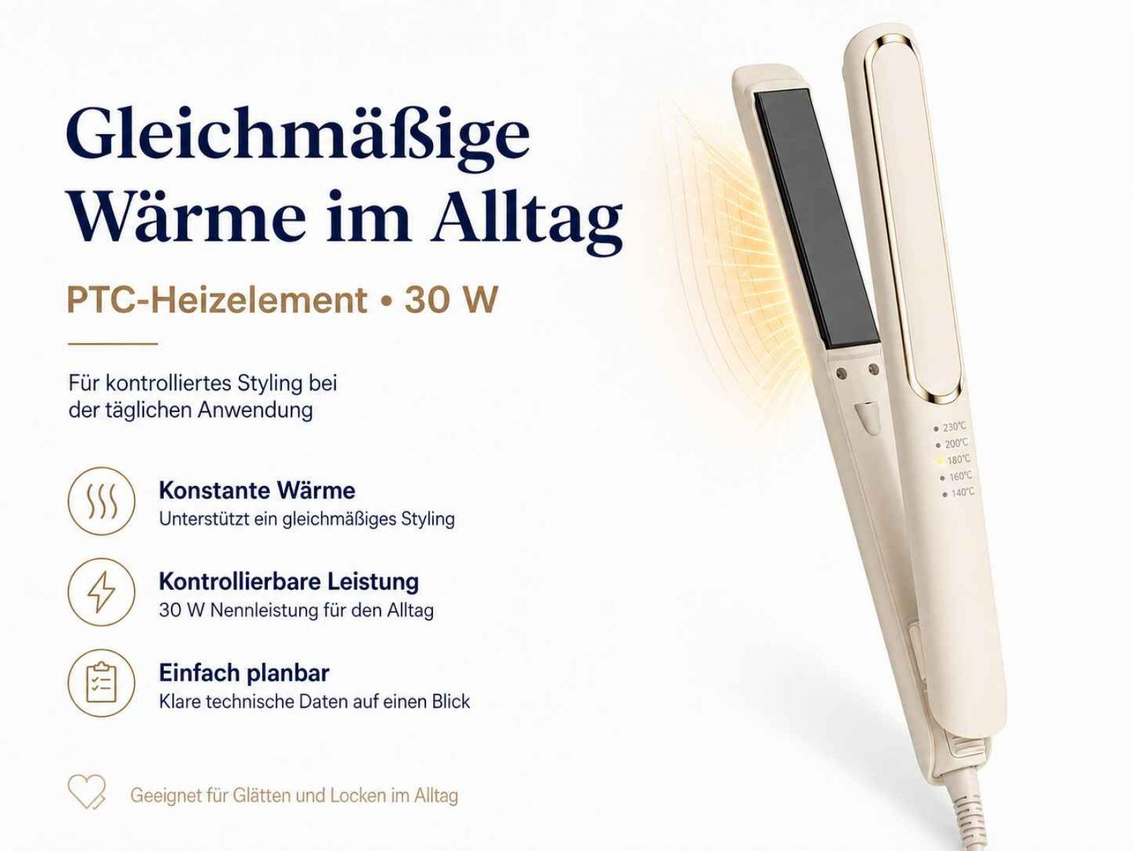 Ein beiges Glätteisen mit PTC-Heizelement und 30 W, daneben deutscher Werbetext und Icons.