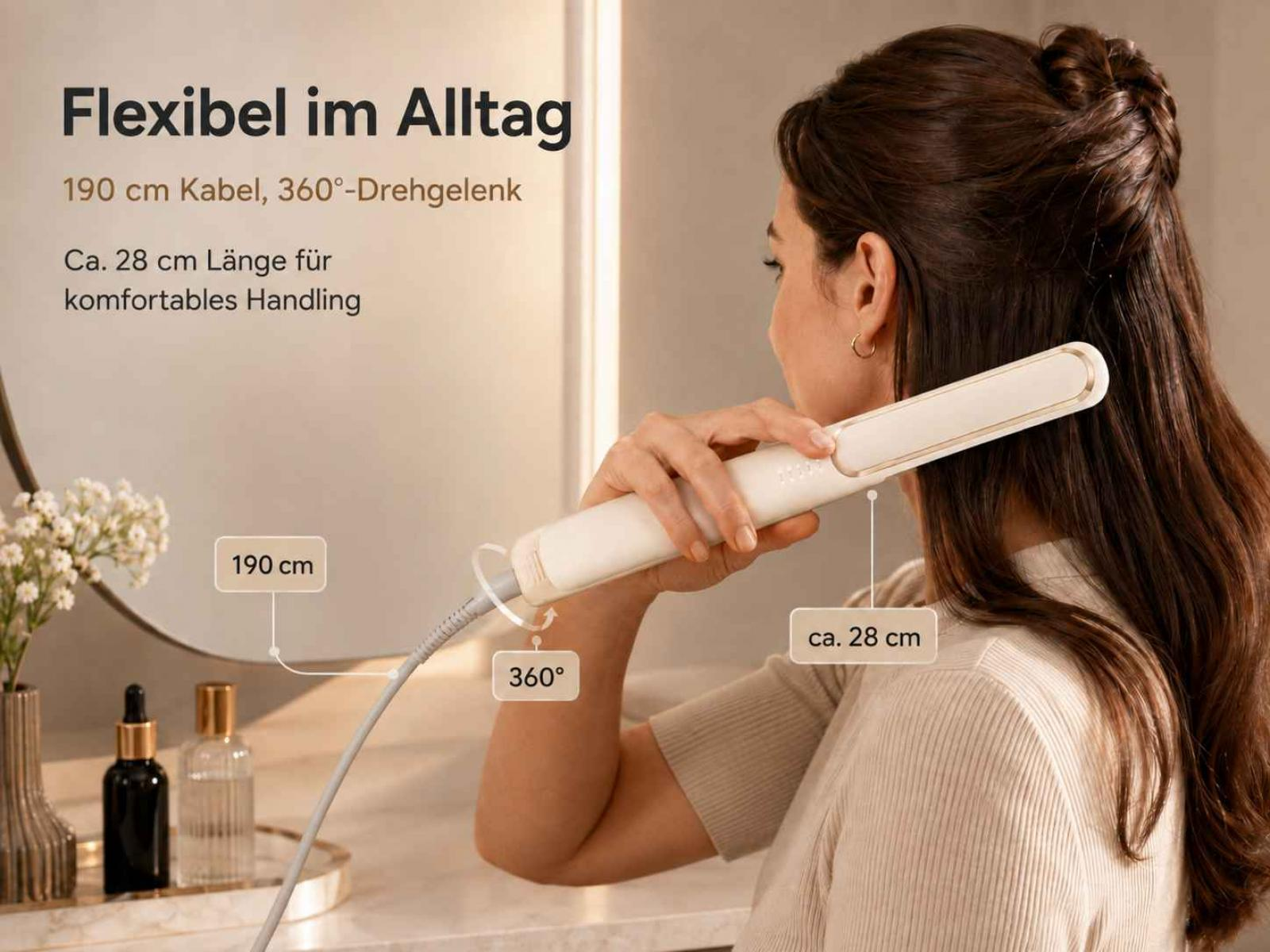Eine Frau hält ein weißes Glätteisen mit 360-Grad-Drehgelenk, mit Textoverlay für Produktspezifikationen.